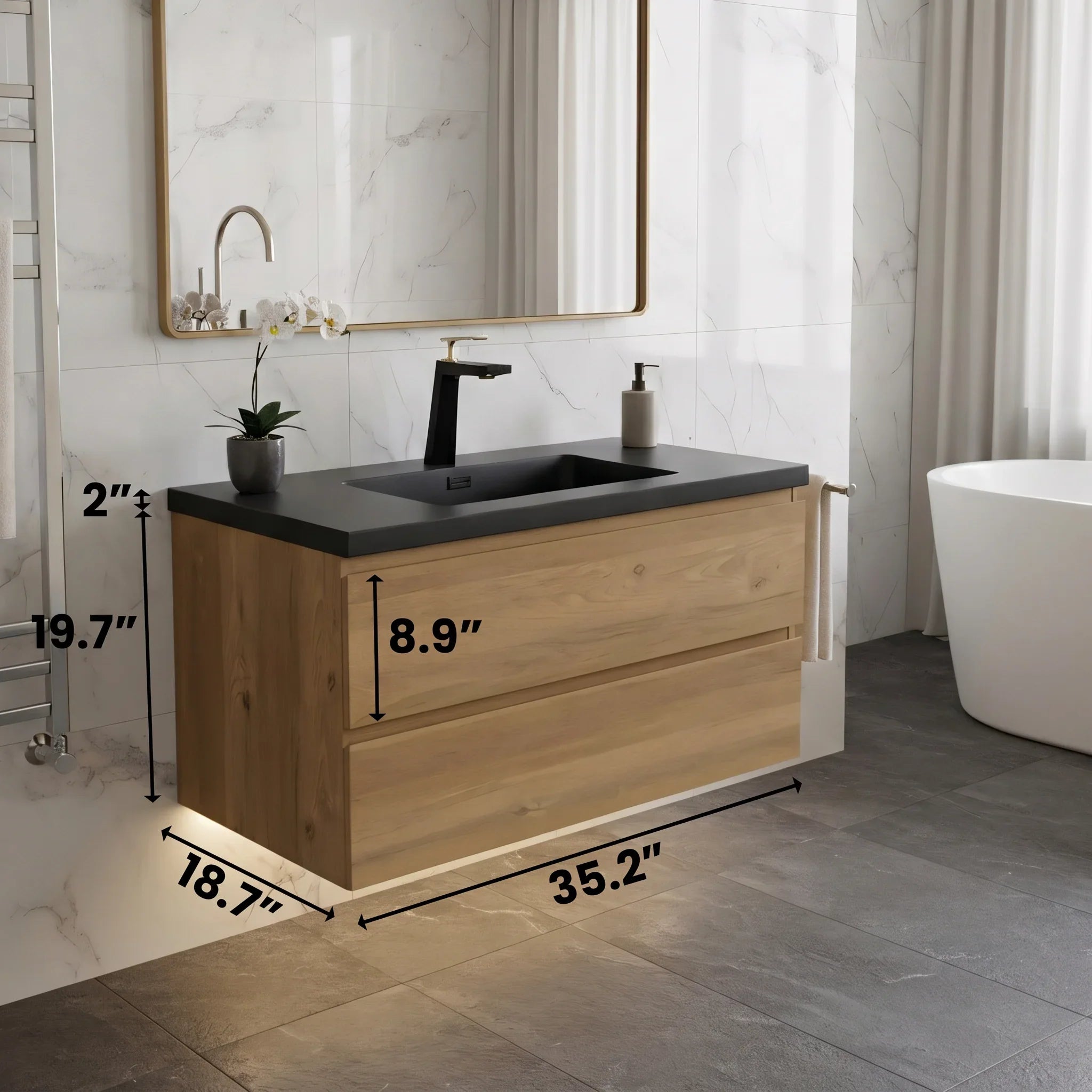36" Rough Oak Wall Mount Single Sink Bathroom Vanity with Black Engineered Quartz Countertop