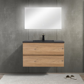 36" Rough Oak Wall Mount Single Sink Bathroom Vanity with Black Engineered Quartz Countertop