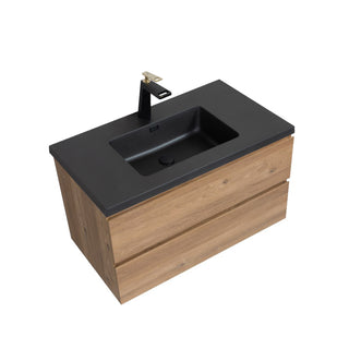 36" Rough Oak Wall Mount Single Sink Bathroom Vanity with Black Engineered Quartz Countertop