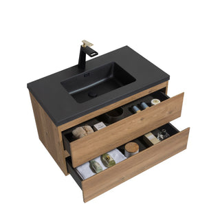 36" Rough Oak Wall Mount Single Sink Bathroom Vanity with Black Engineered Quartz Countertop