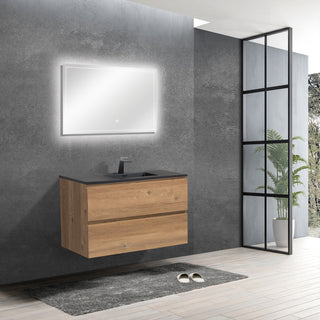 Meuble-Lavabo Mural 36po Chêne Brut avec Comptoir de Quartz d'ingénierie Noir