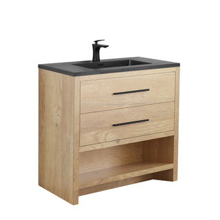 36" Rough Oak Freestanding Bathroom Vanity with Black Engineered Quartz Countertop