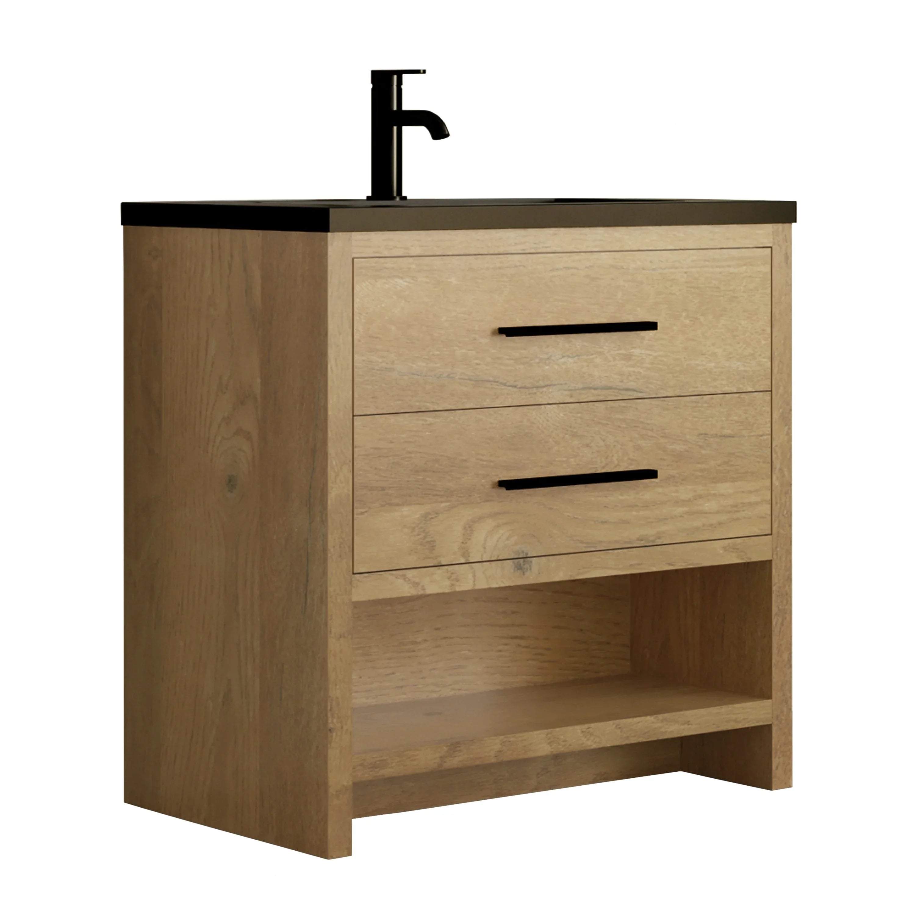 36" Rough Oak Freestanding Bathroom Vanity with Black Engineered Quartz Countertop