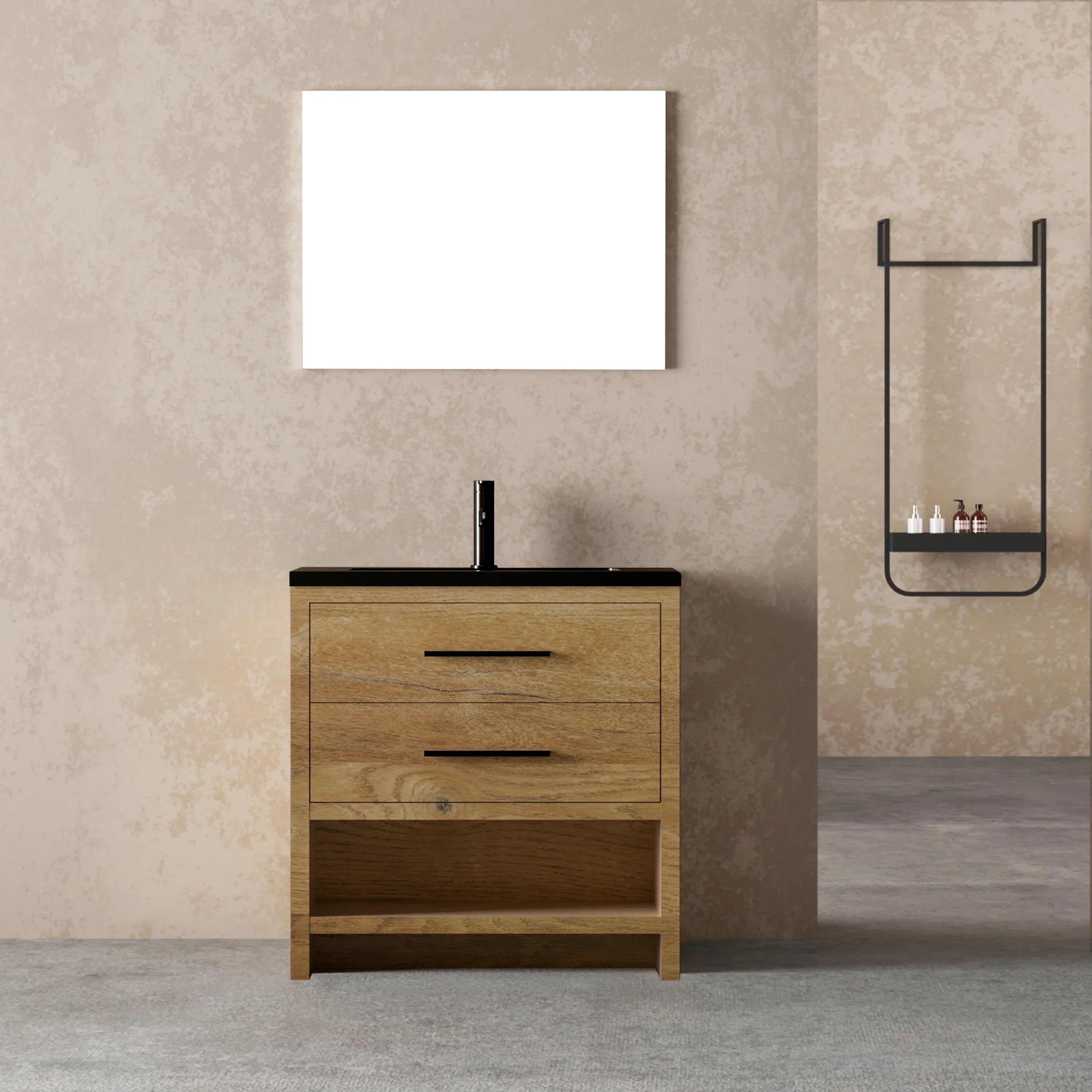 36" Rough Oak Freestanding Bathroom Vanity with Black Engineered Quartz Countertop