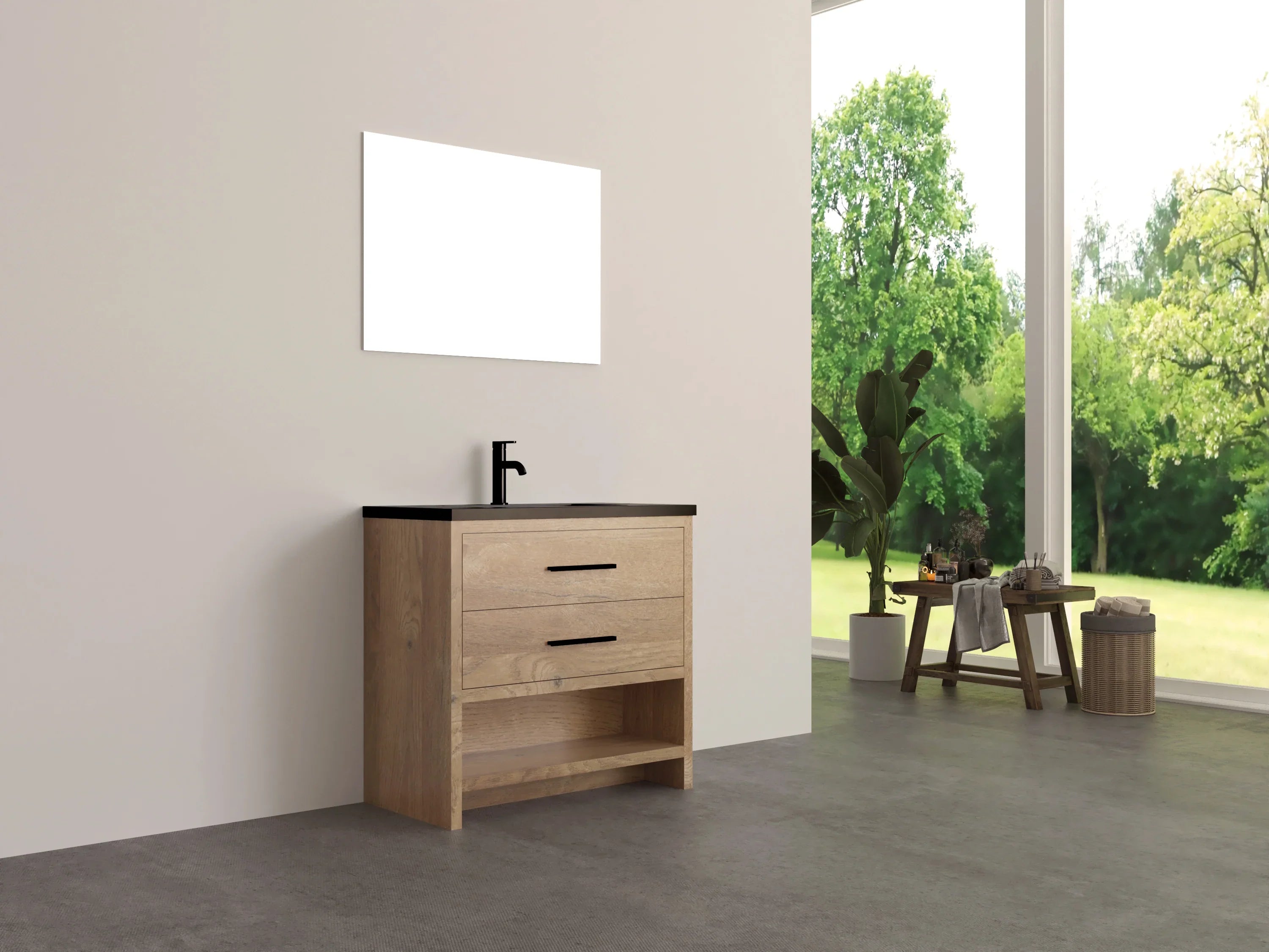 36" Rough Oak Freestanding Bathroom Vanity with Black Engineered Quartz Countertop