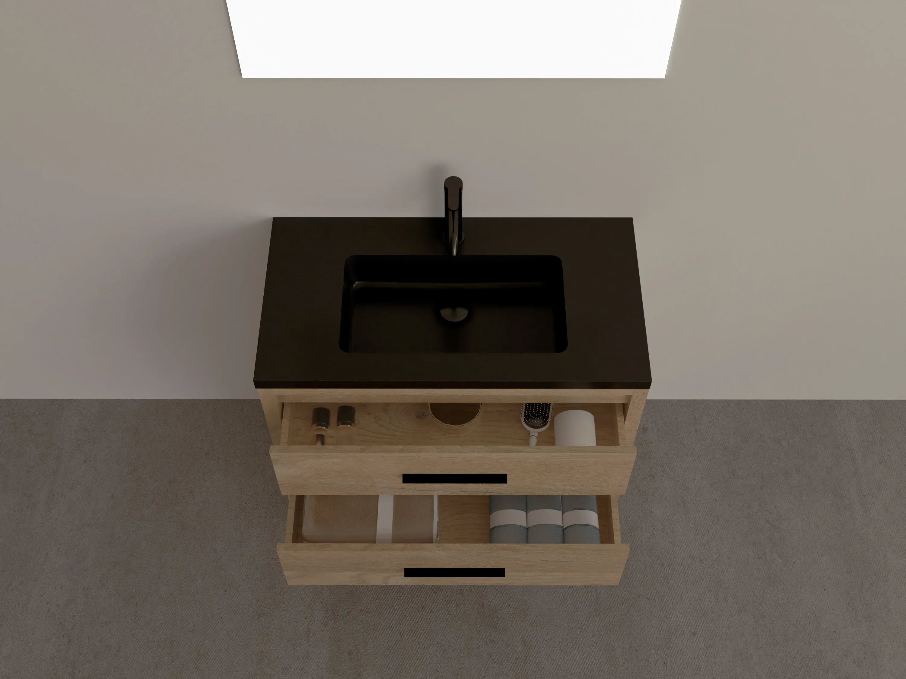 36" Rough Oak Freestanding Bathroom Vanity with Black Engineered Quartz Countertop