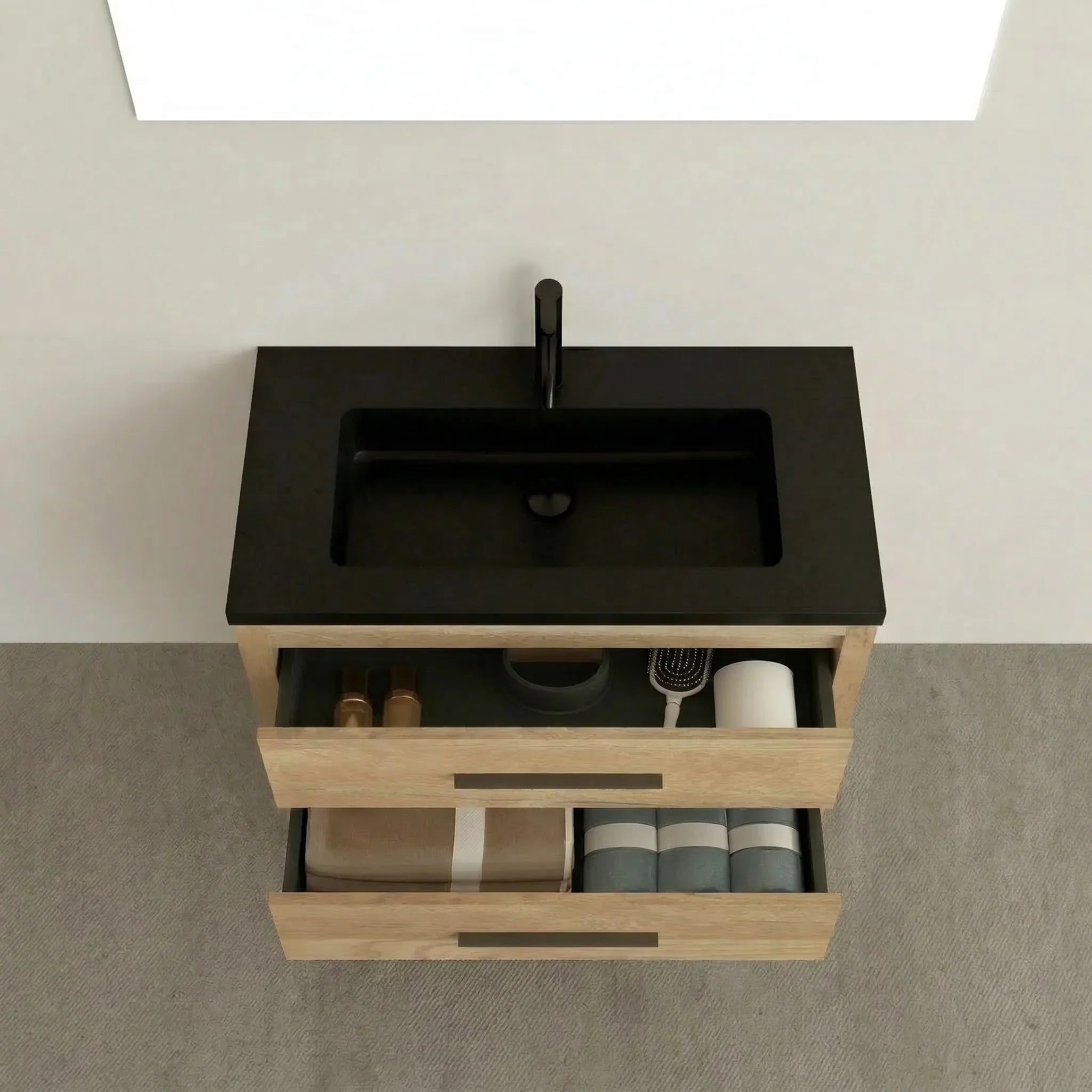 36" Rough Oak Freestanding Bathroom Vanity with Black Engineered Quartz Countertop