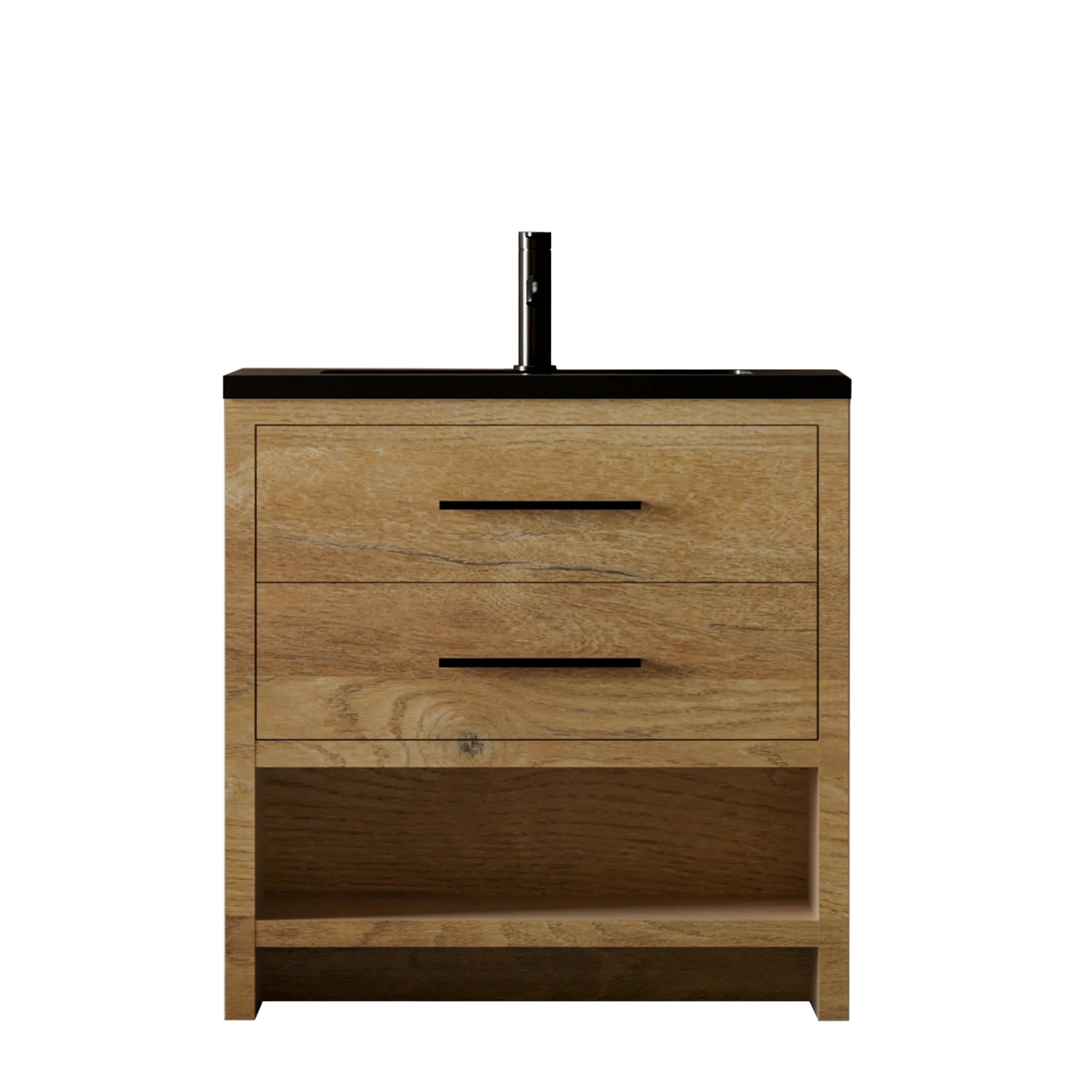 36" Rough Oak Freestanding Bathroom Vanity with Black Engineered Quartz Countertop