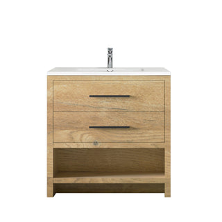 36" Rough Oak Freestanding Bathroom Vanity with White Polymarble Countertop