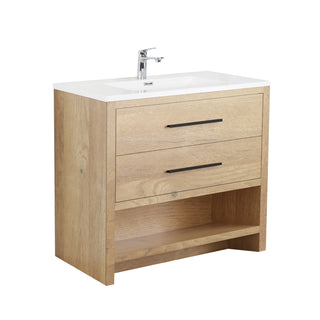 36" Rough Oak Freestanding Bathroom Vanity with White Polymarble Countertop