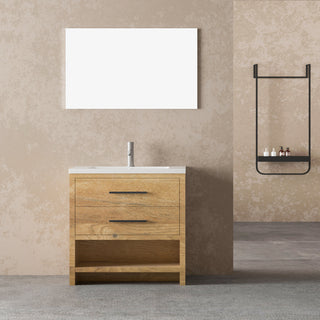 36" Rough Oak Freestanding Bathroom Vanity with White Polymarble Countertop