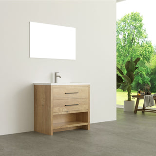 36" Rough Oak Freestanding Bathroom Vanity with White Polymarble Countertop