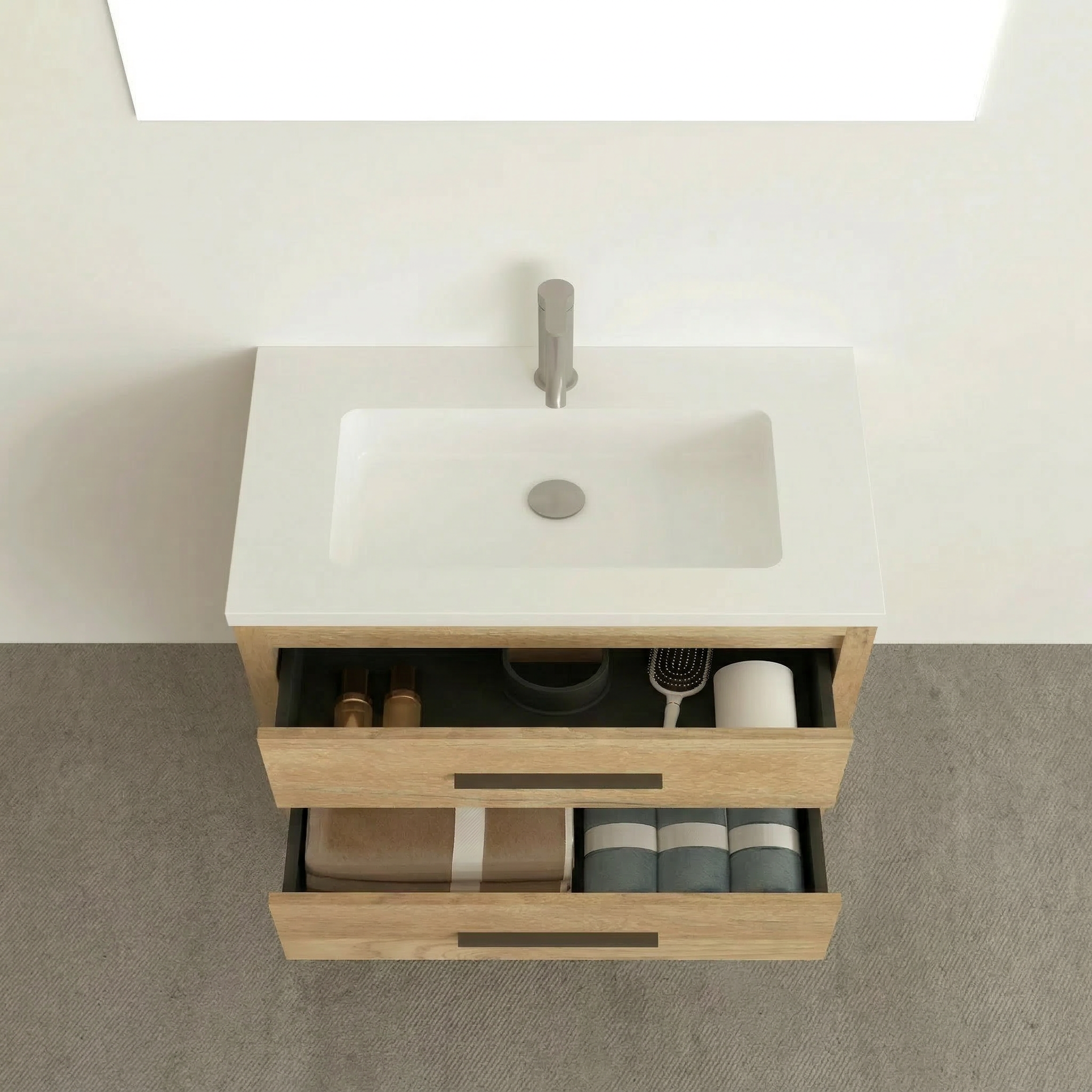Meuble-lavabo autoportant en chêne brut 36" avec Comptoir en polymarbre blanc