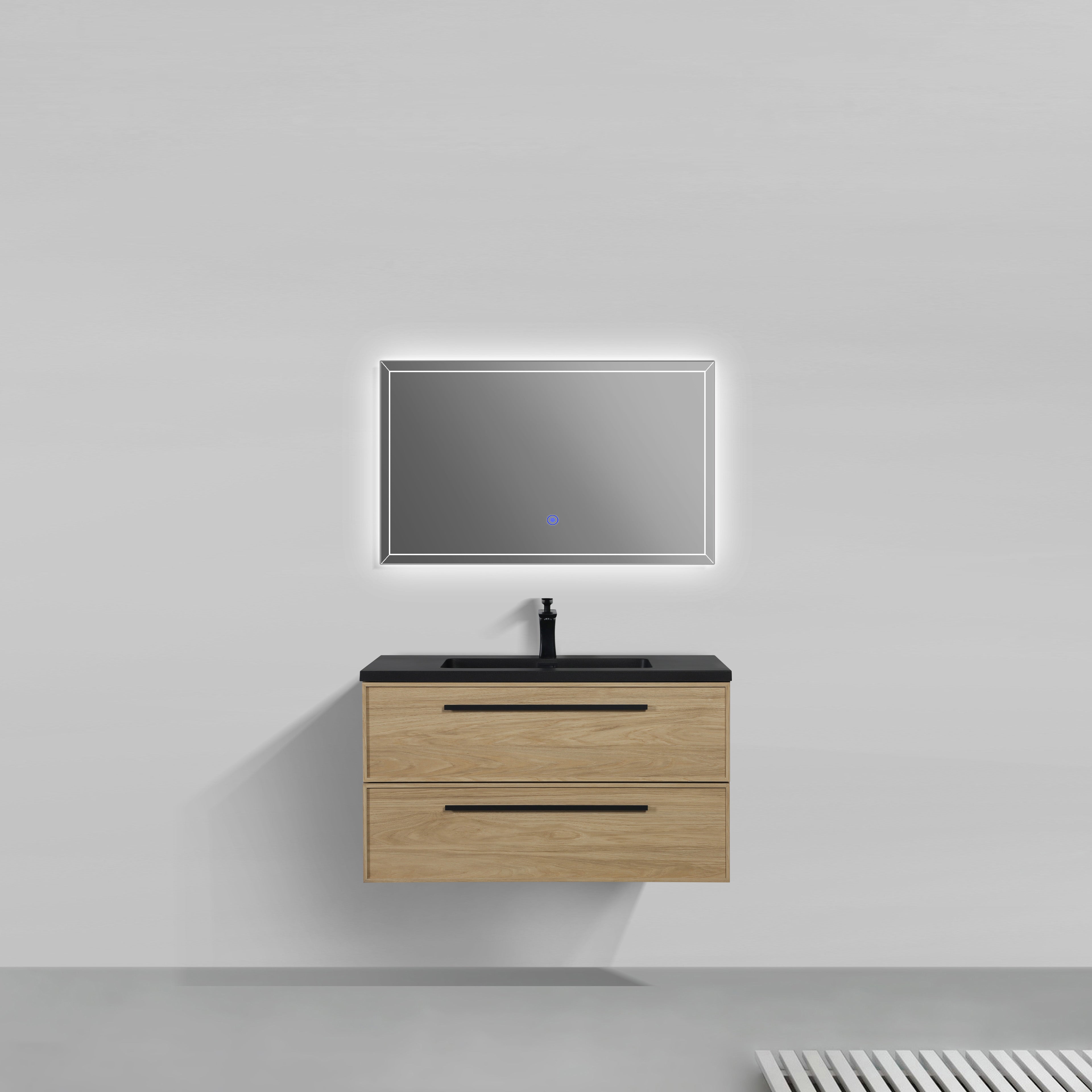 36" Sunset Walnut Wall Mount Bathroom Vanity with Black Engineered Quartz Countertop and Handles - Luxe Collection