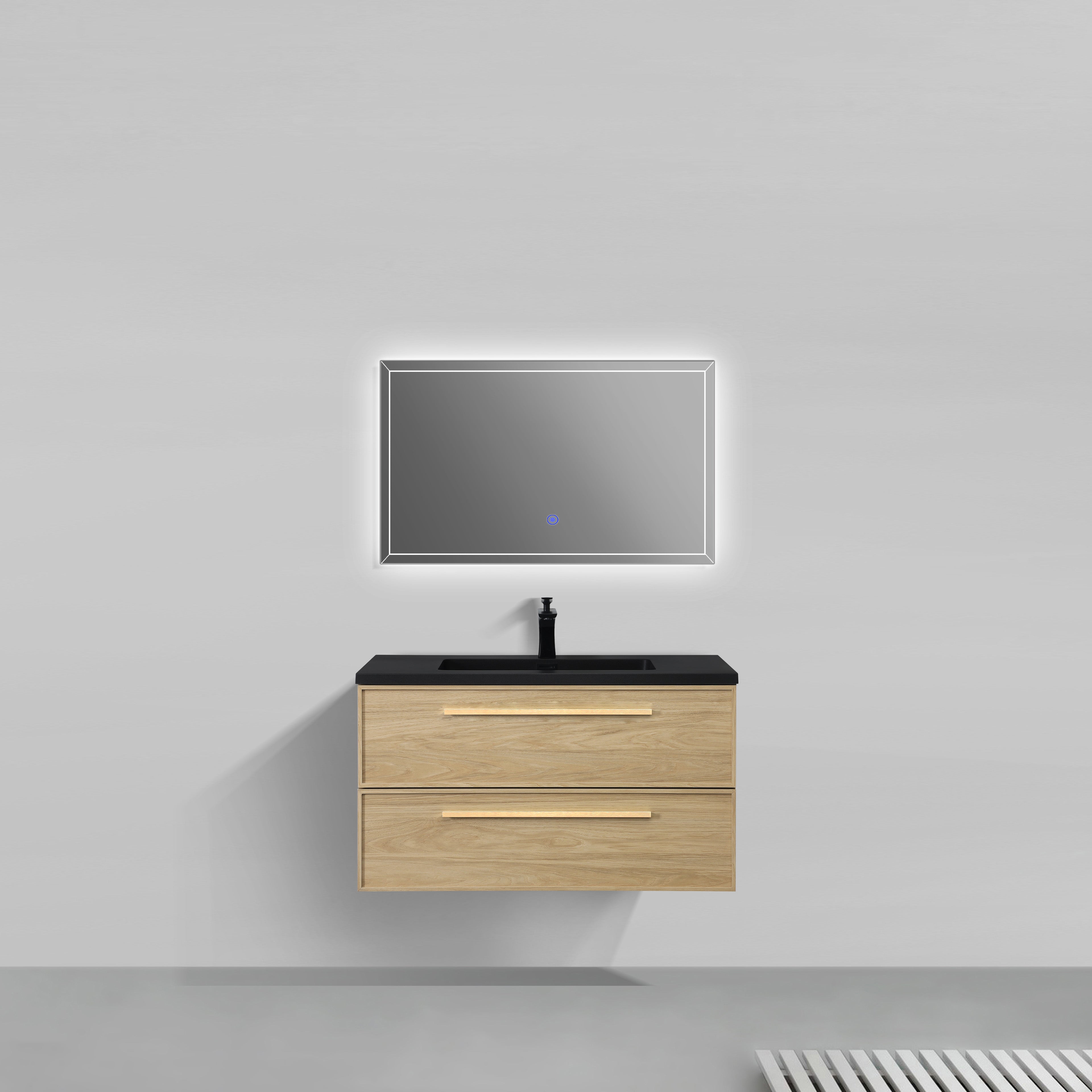 36" Sunset Walnut Wall Mount Bathroom Vanity with Black Engineered Quartz Countertop and Handles - Luxe Collection