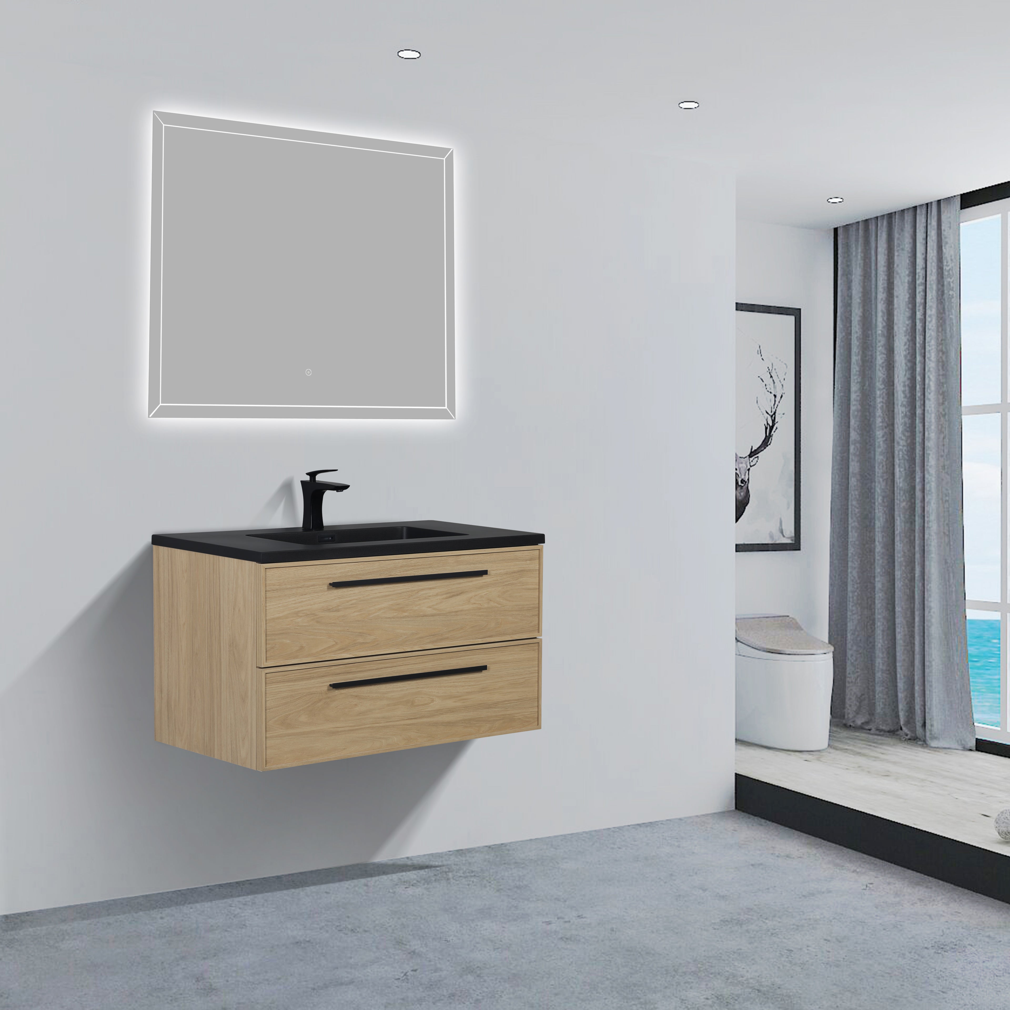 36" Sunset Walnut Wall Mount Bathroom Vanity with Black Engineered Quartz Countertop and Handles - Luxe Collection