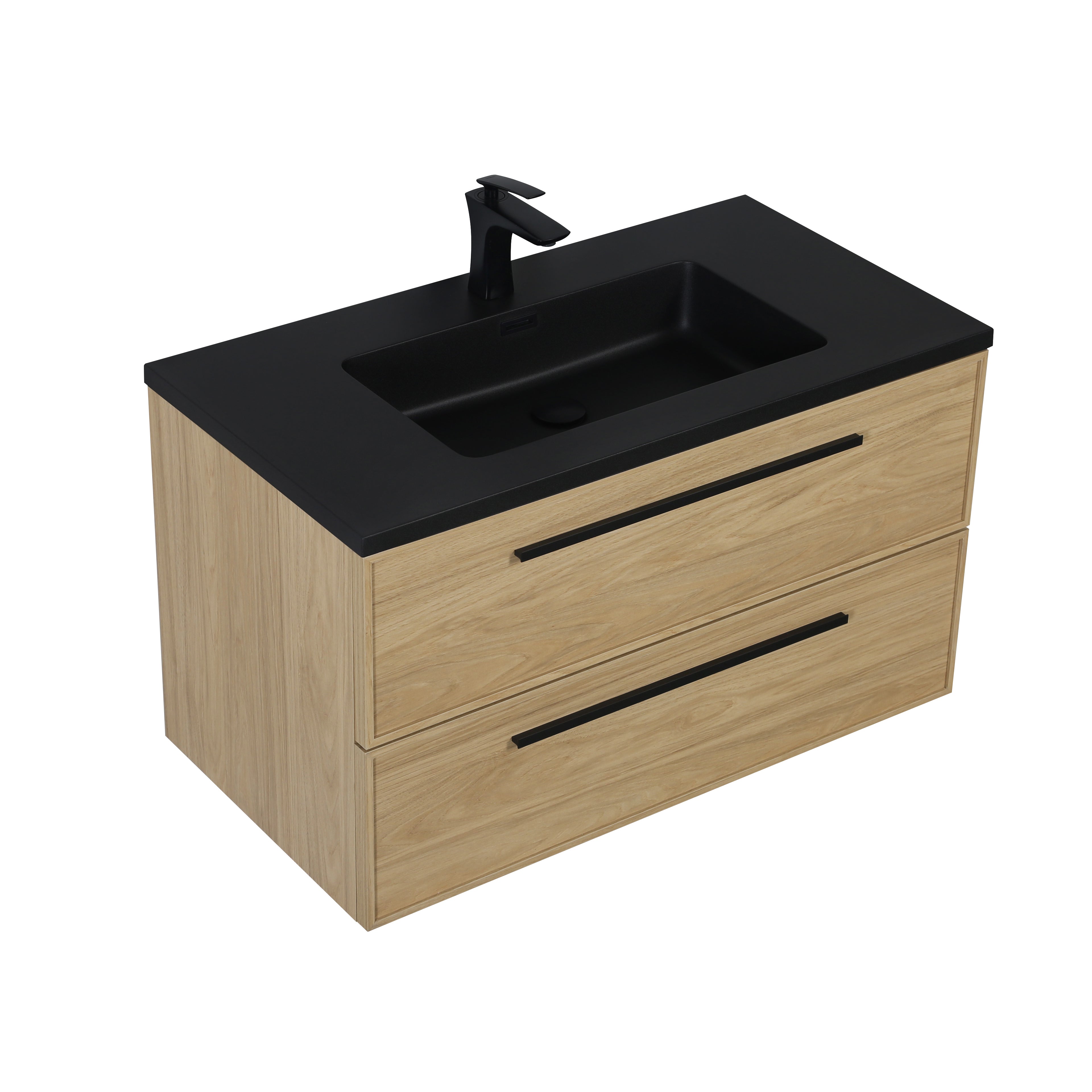 36" Sunset Walnut Wall Mount Bathroom Vanity with Black Engineered Quartz Countertop and Handles - Luxe Collection