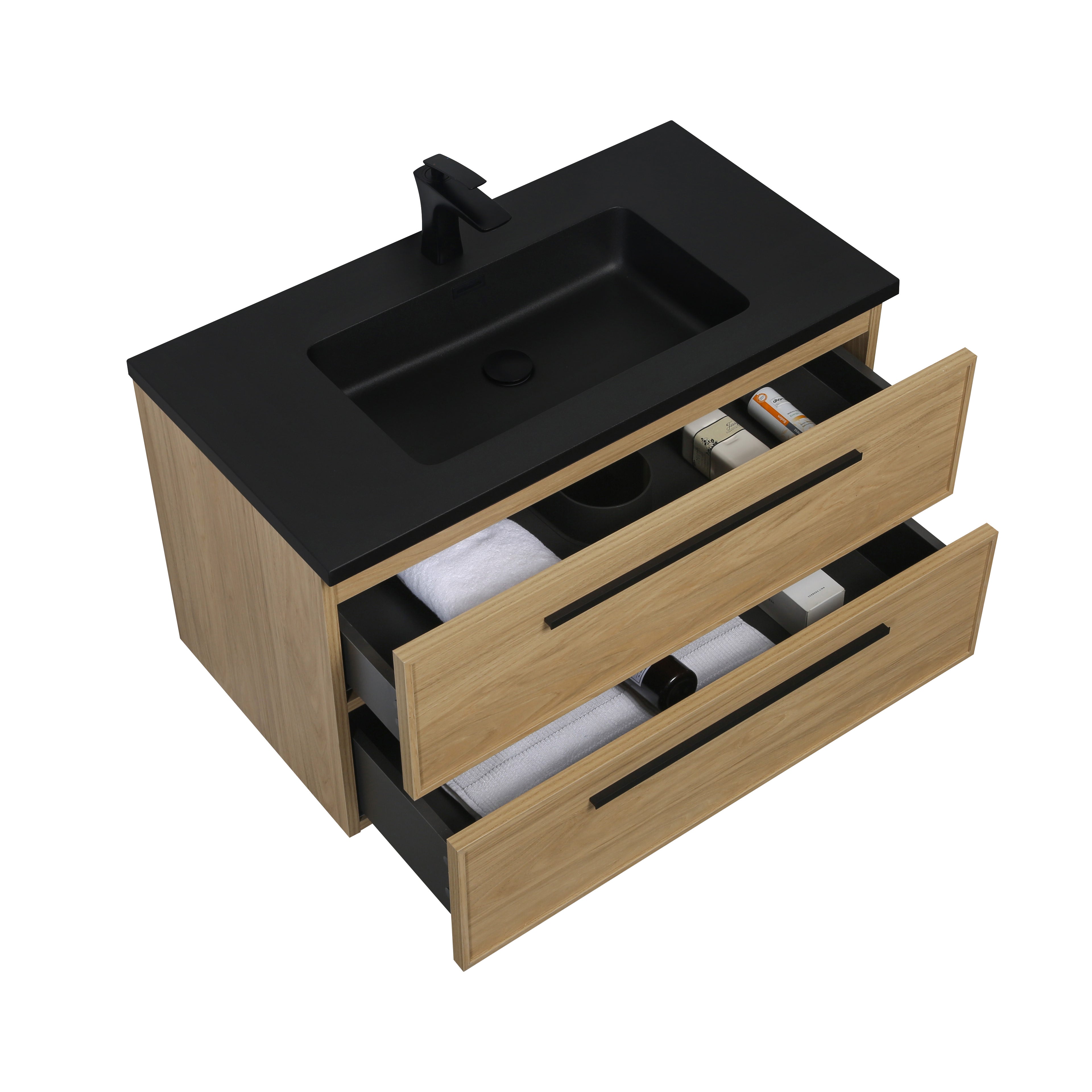 36" Sunset Walnut Wall Mount Bathroom Vanity with Black Engineered Quartz Countertop and Handles - Luxe Collection