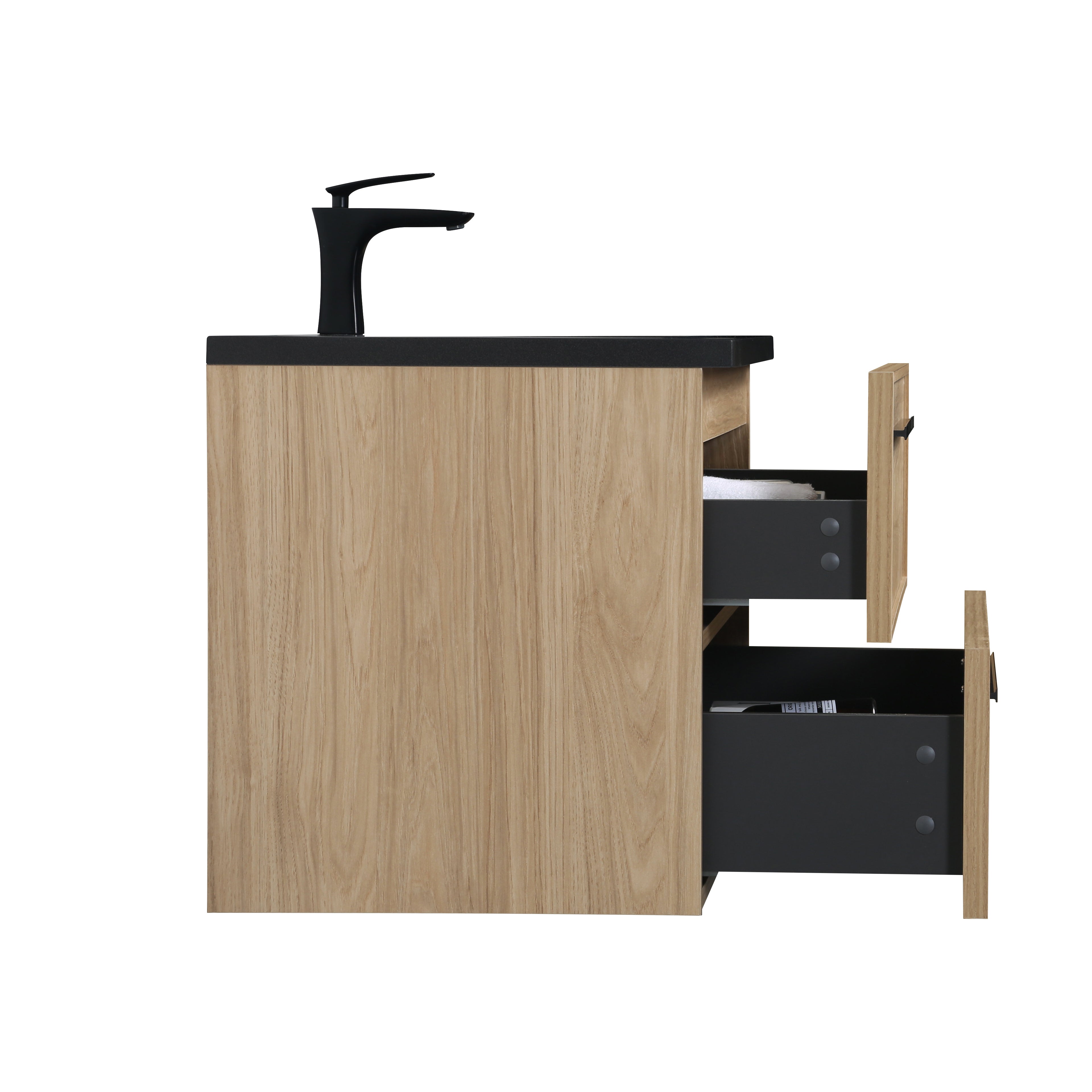 36" Sunset Walnut Wall Mount Bathroom Vanity with Black Engineered Quartz Countertop and Handles - Luxe Collection