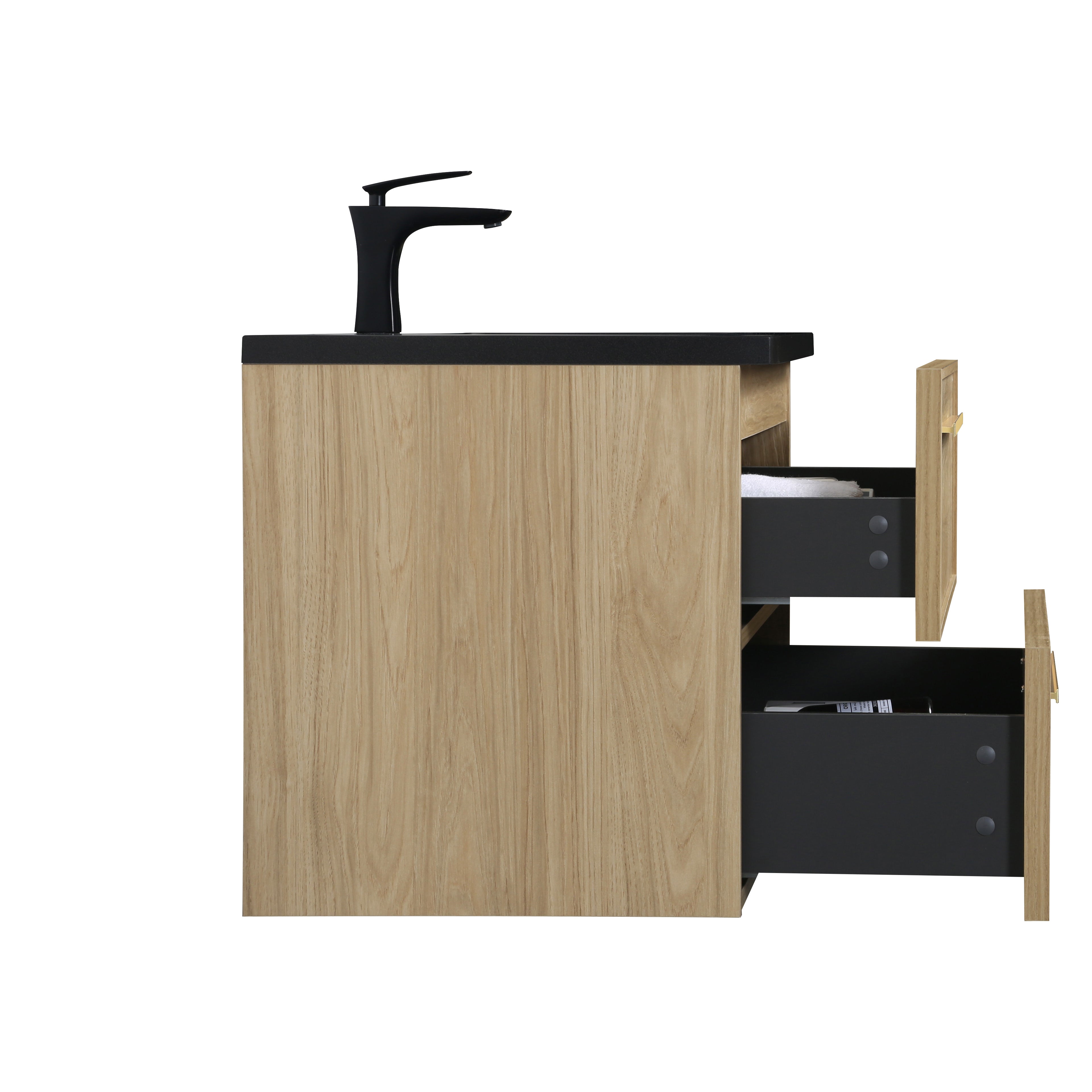 36" Sunset Walnut Wall Mount Bathroom Vanity with Black Engineered Quartz Countertop and Handles - Luxe Collection