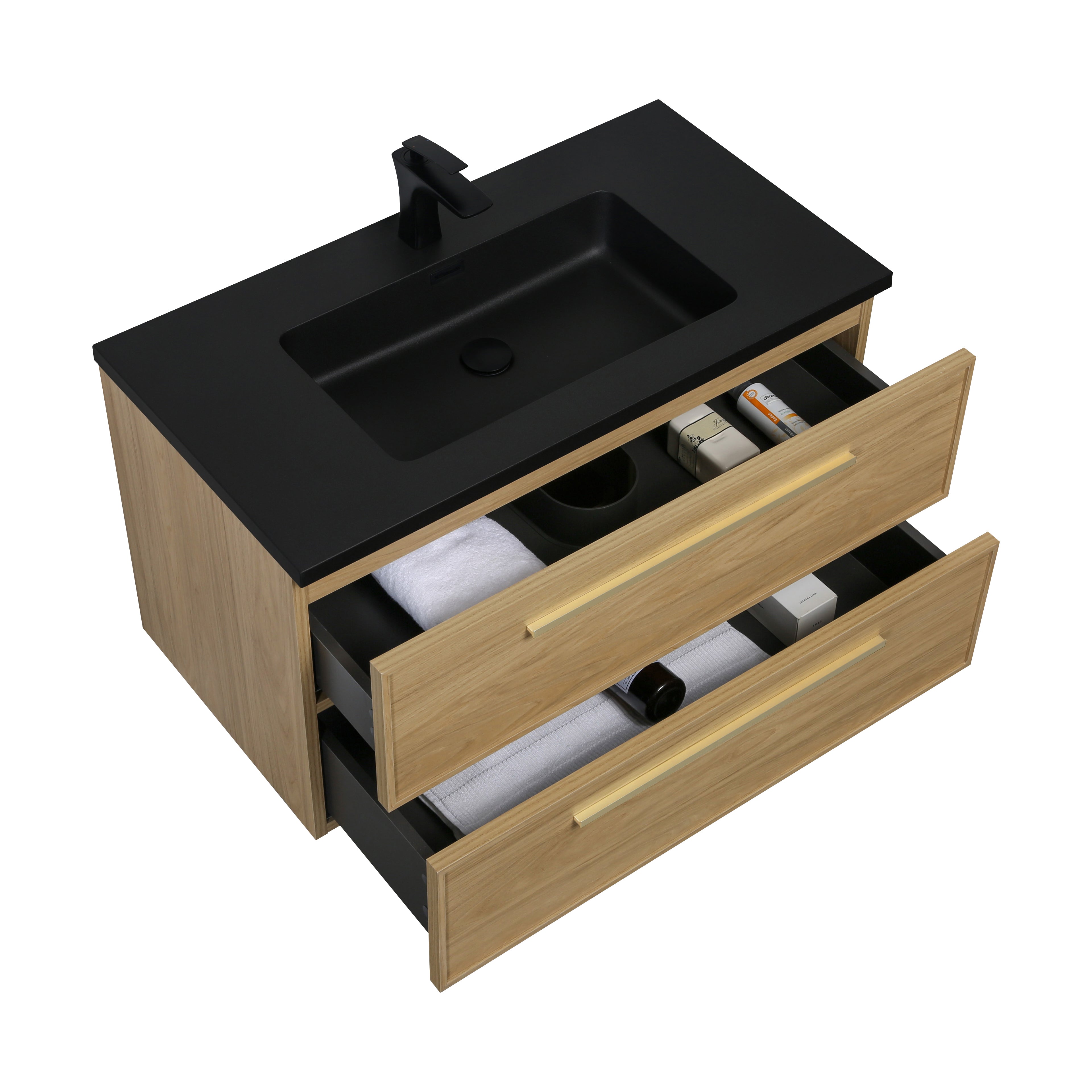 36" Sunset Walnut Wall Mount Bathroom Vanity with Black Engineered Quartz Countertop and Handles - Luxe Collection