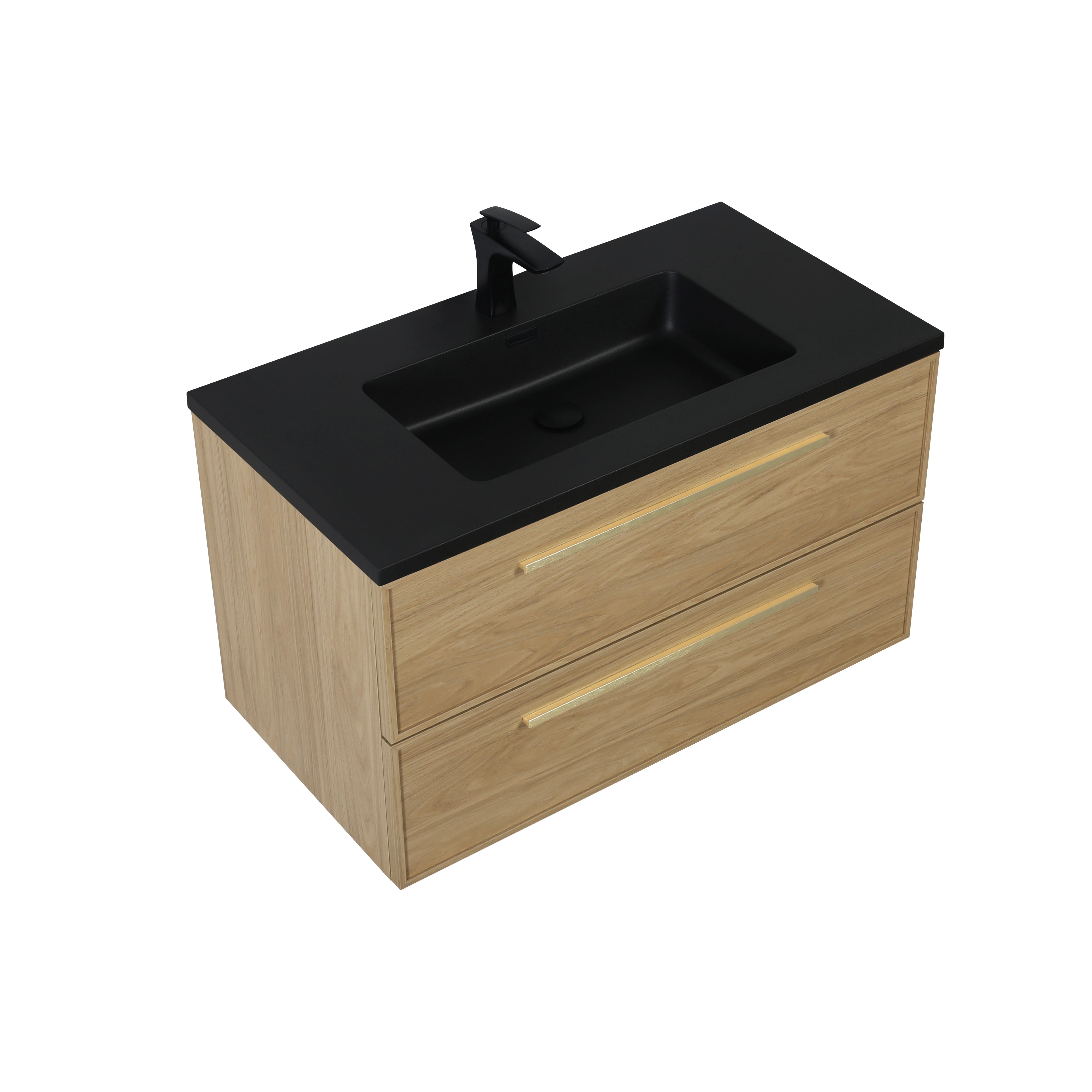 36" Sunset Walnut Wall Mount Bathroom Vanity with Black Engineered Quartz Countertop and Handles - Luxe Collection