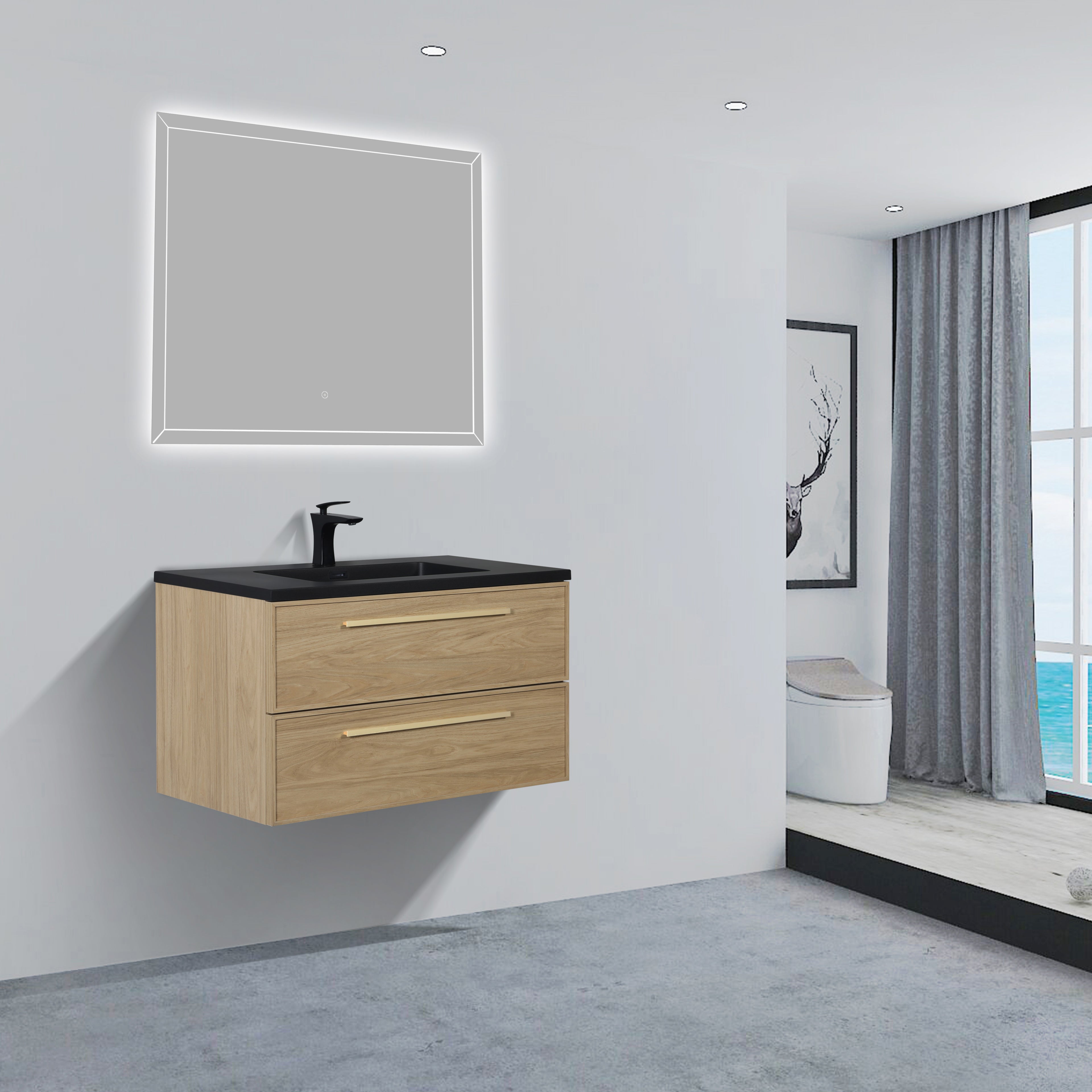 36" Sunset Walnut Wall Mount Bathroom Vanity with Black Engineered Quartz Countertop and Handles - Luxe Collection