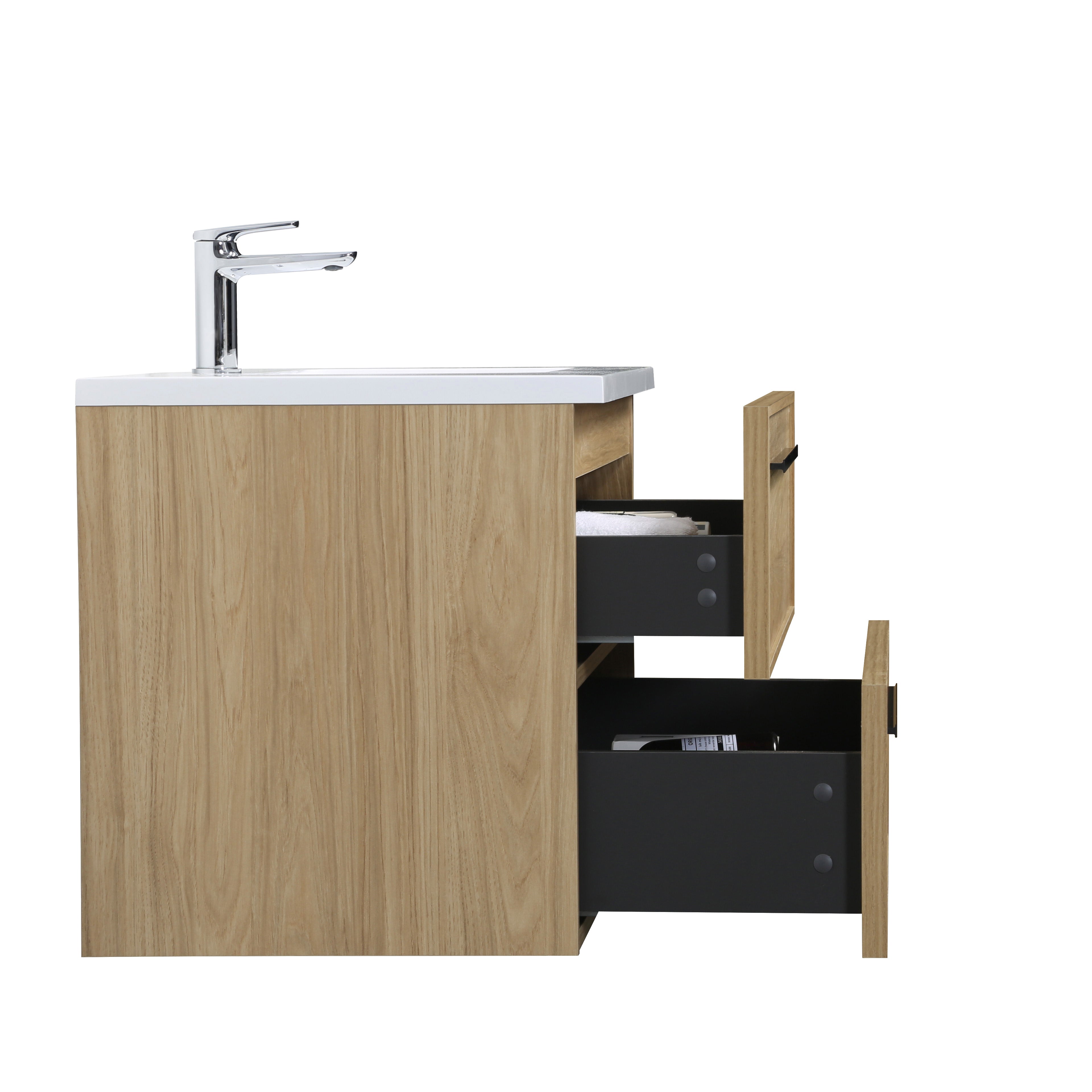 Meuble-lavabo suspendu Luxe Collection 36 po, fini noyer Sunset, avec comptoir en polymarbre blanc et poignées