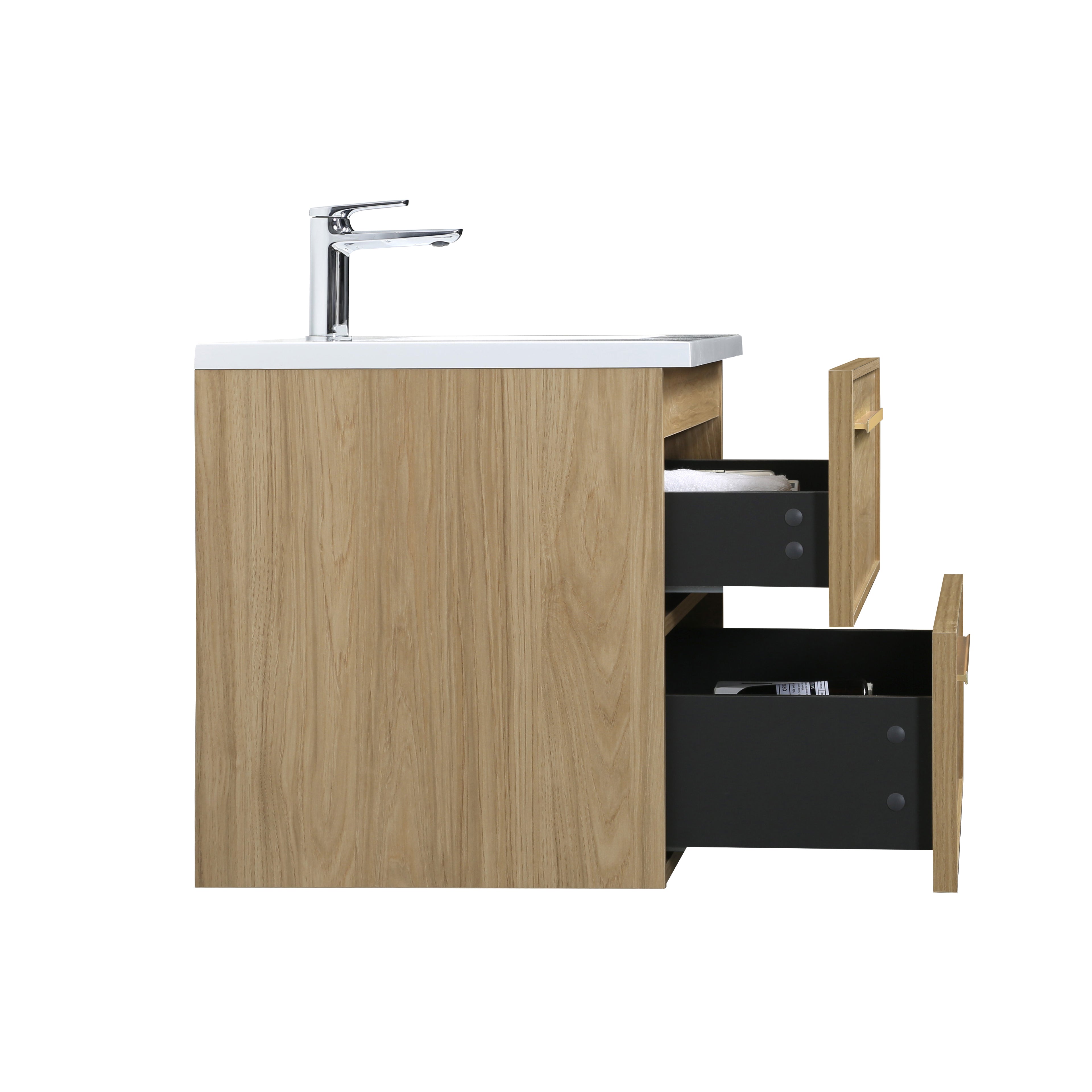 Meuble-lavabo suspendu Luxe Collection 36 po, fini noyer Sunset, avec comptoir en polymarbre blanc et poignées