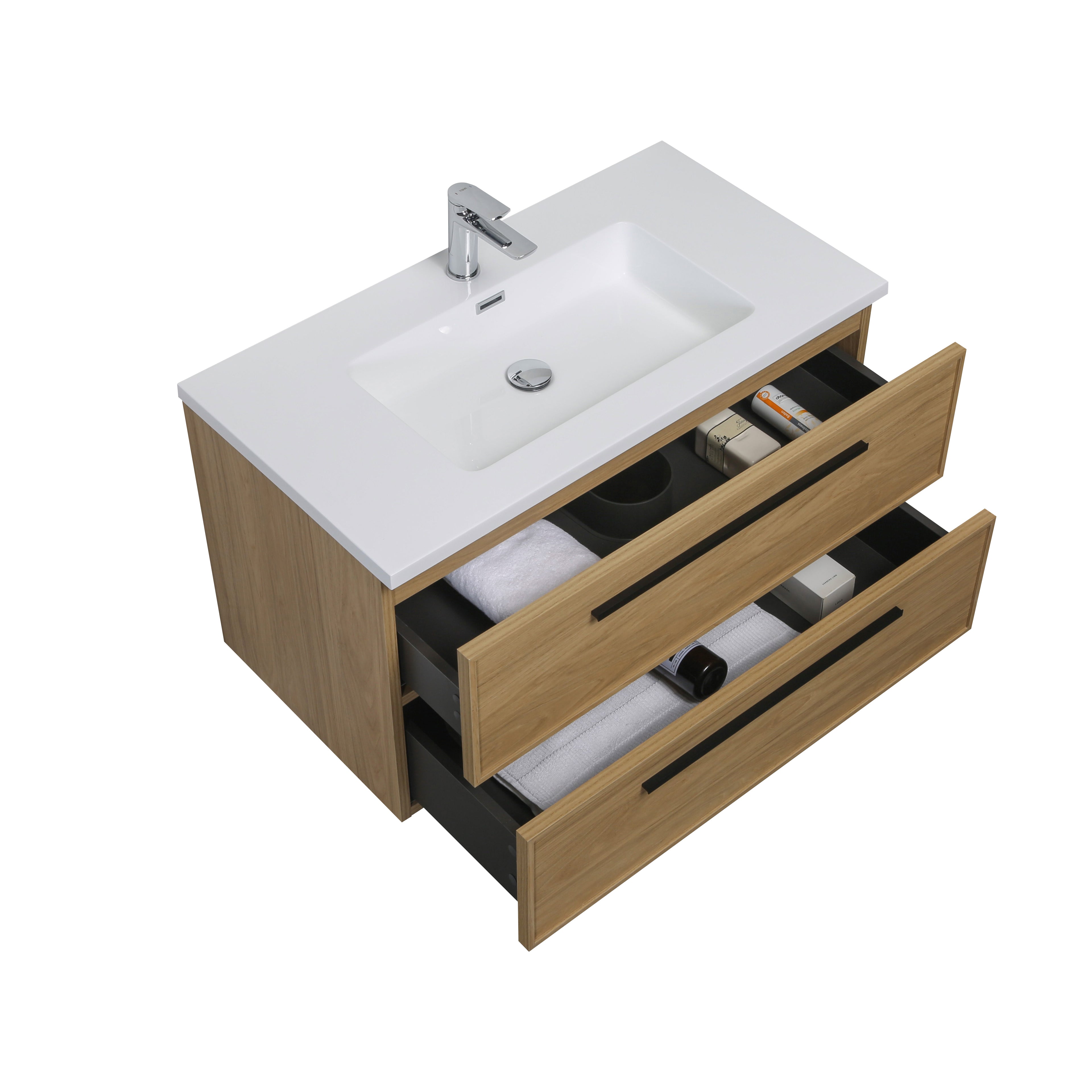 Meuble-lavabo suspendu Luxe Collection 36 po, fini noyer Sunset, avec comptoir en polymarbre blanc et poignées