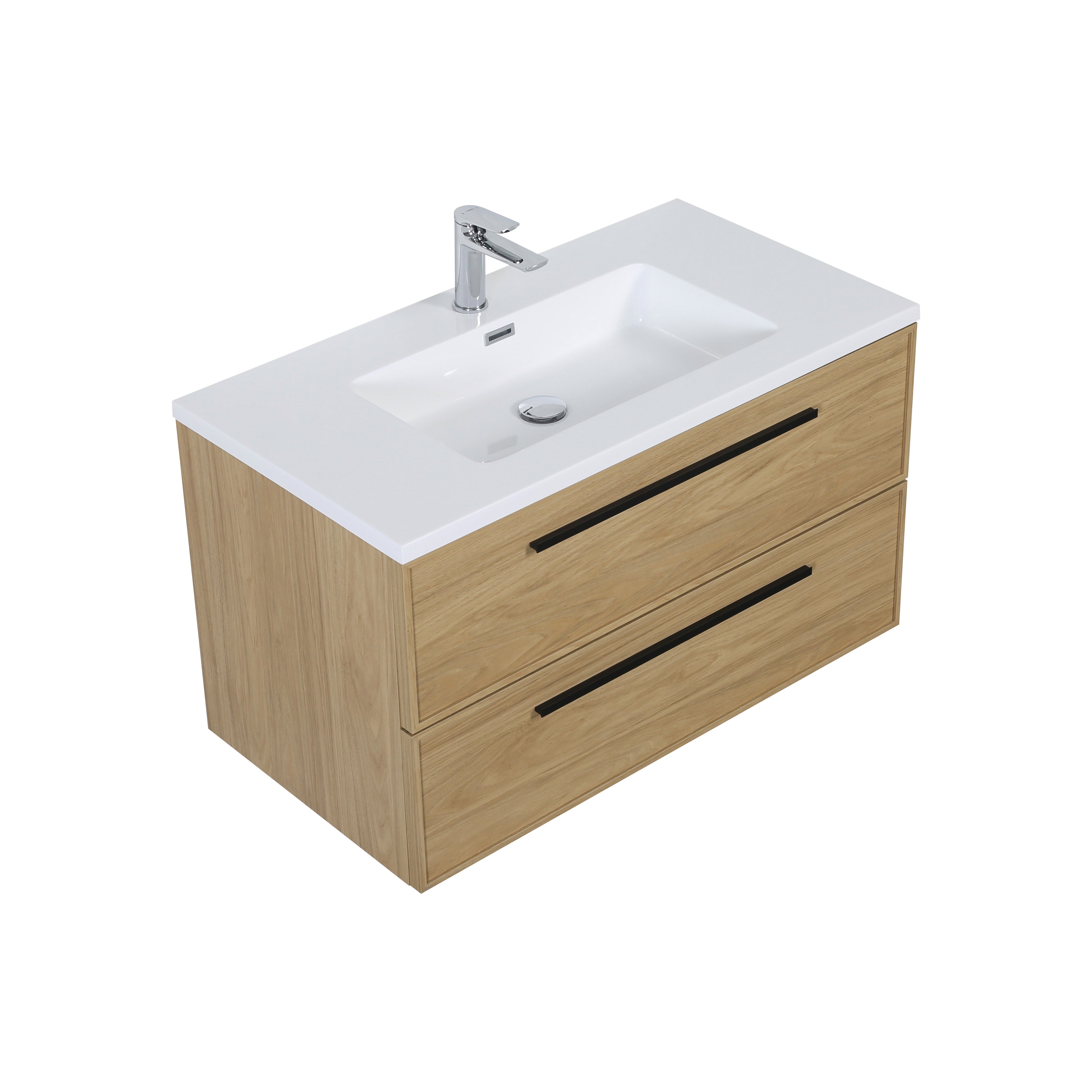 Meuble-lavabo suspendu Luxe Collection 36 po, fini noyer Sunset, avec comptoir en polymarbre blanc et poignées