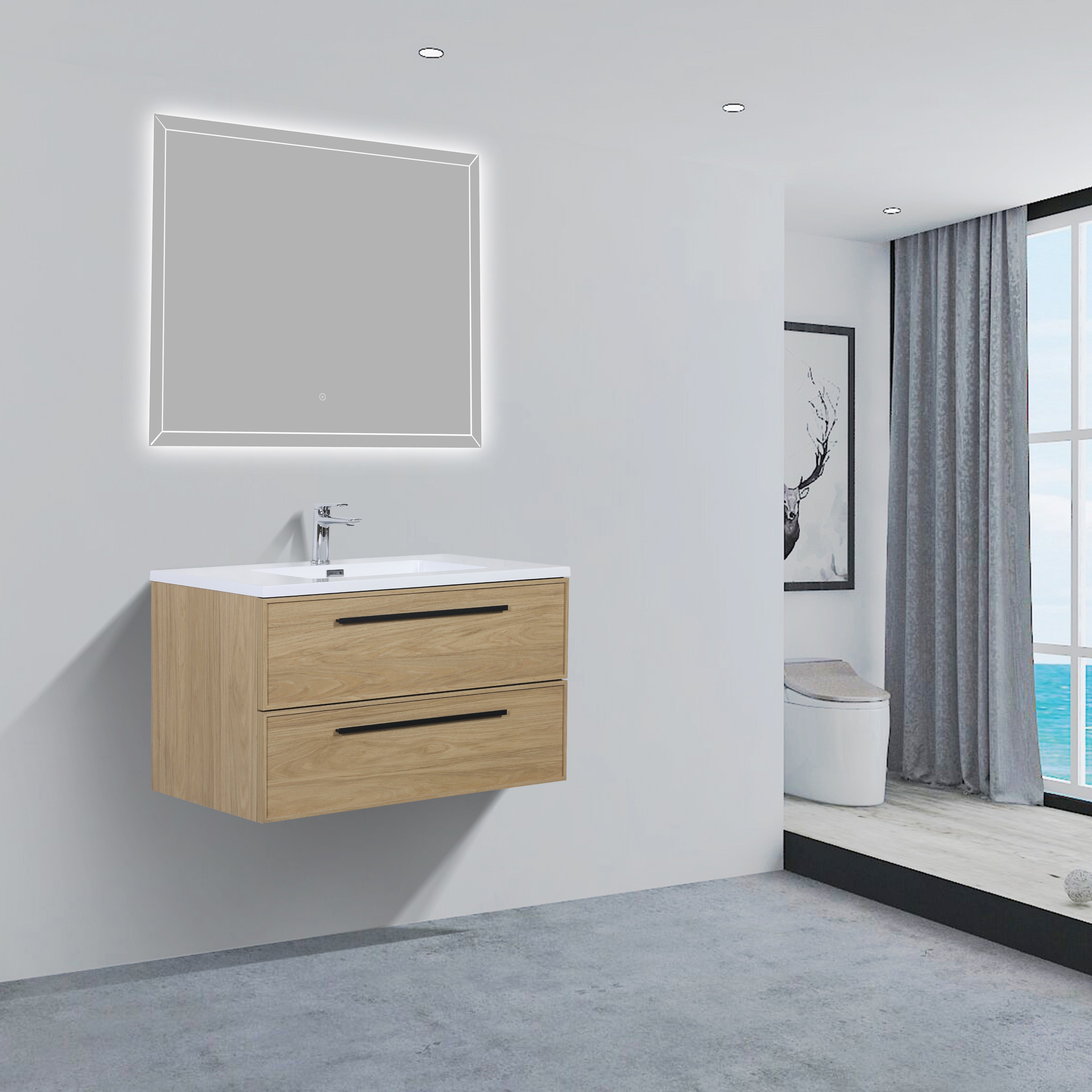 Meuble-lavabo suspendu Luxe Collection 36 po, fini noyer Sunset, avec comptoir en polymarbre blanc et poignées