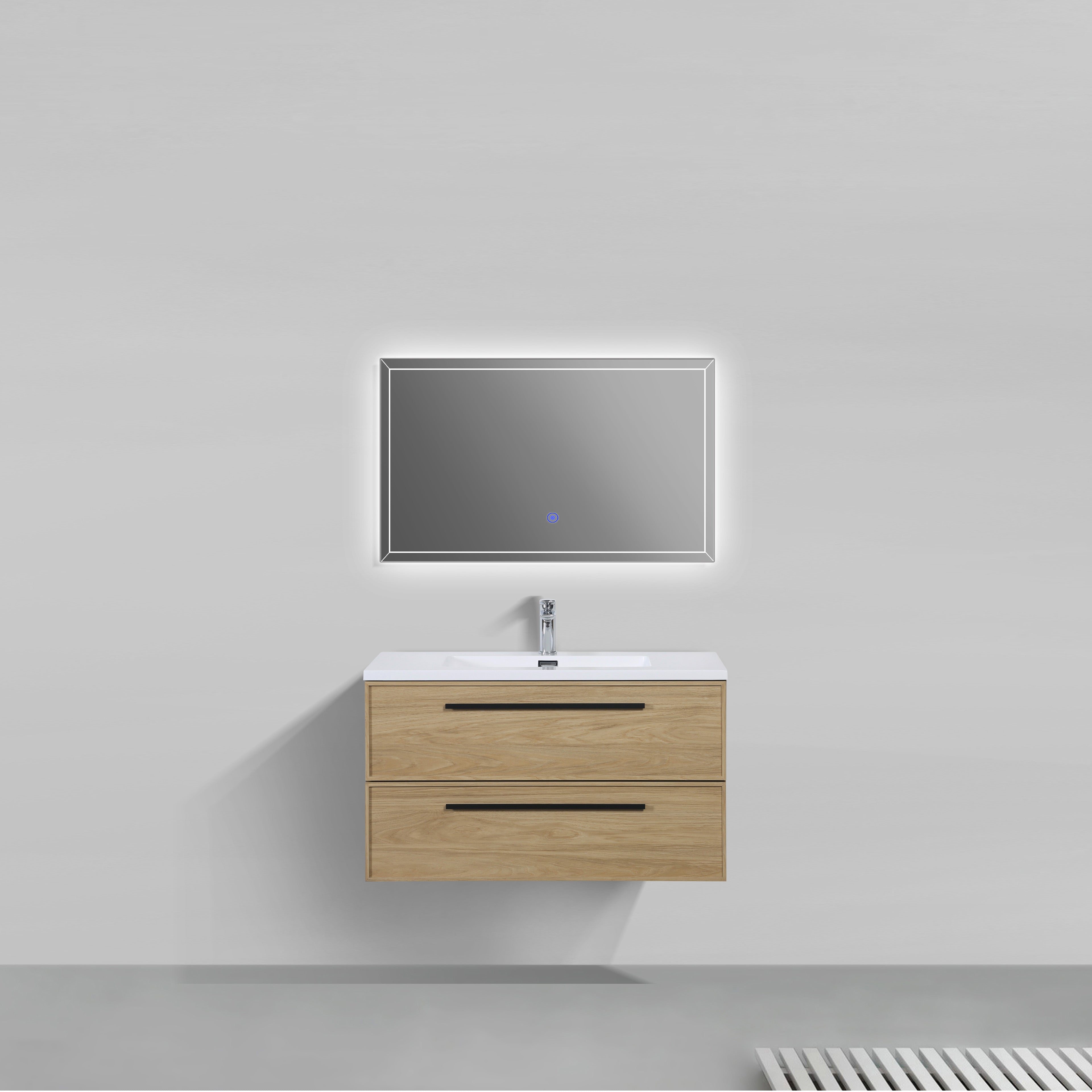 Meuble-lavabo suspendu Luxe Collection 36 po, fini noyer Sunset, avec comptoir en polymarbre blanc et poignées