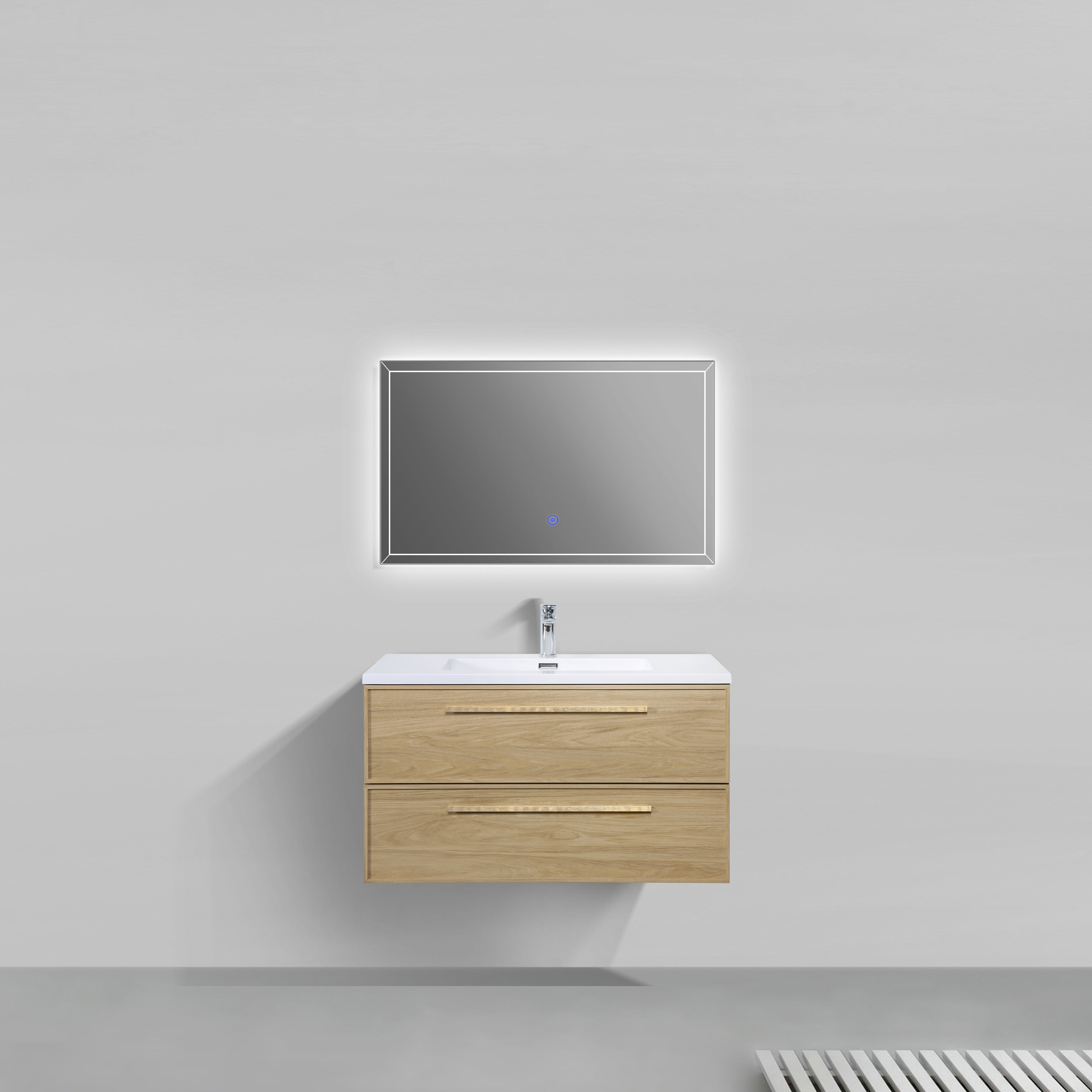Meuble-lavabo suspendu Luxe Collection 36 po, fini noyer Sunset, avec comptoir en polymarbre blanc et poignées