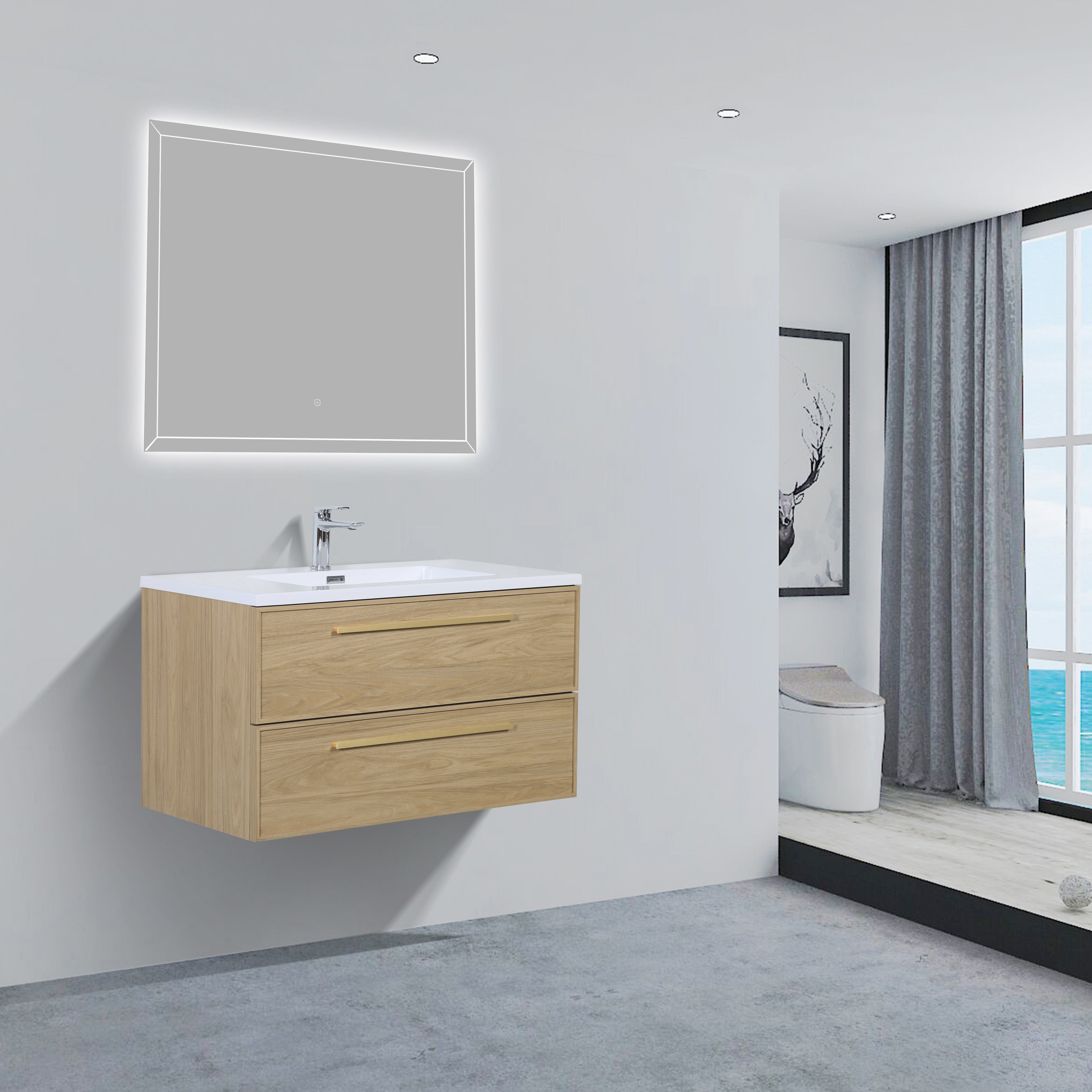 Meuble-lavabo suspendu Luxe Collection 36 po, fini noyer Sunset, avec comptoir en polymarbre blanc et poignées