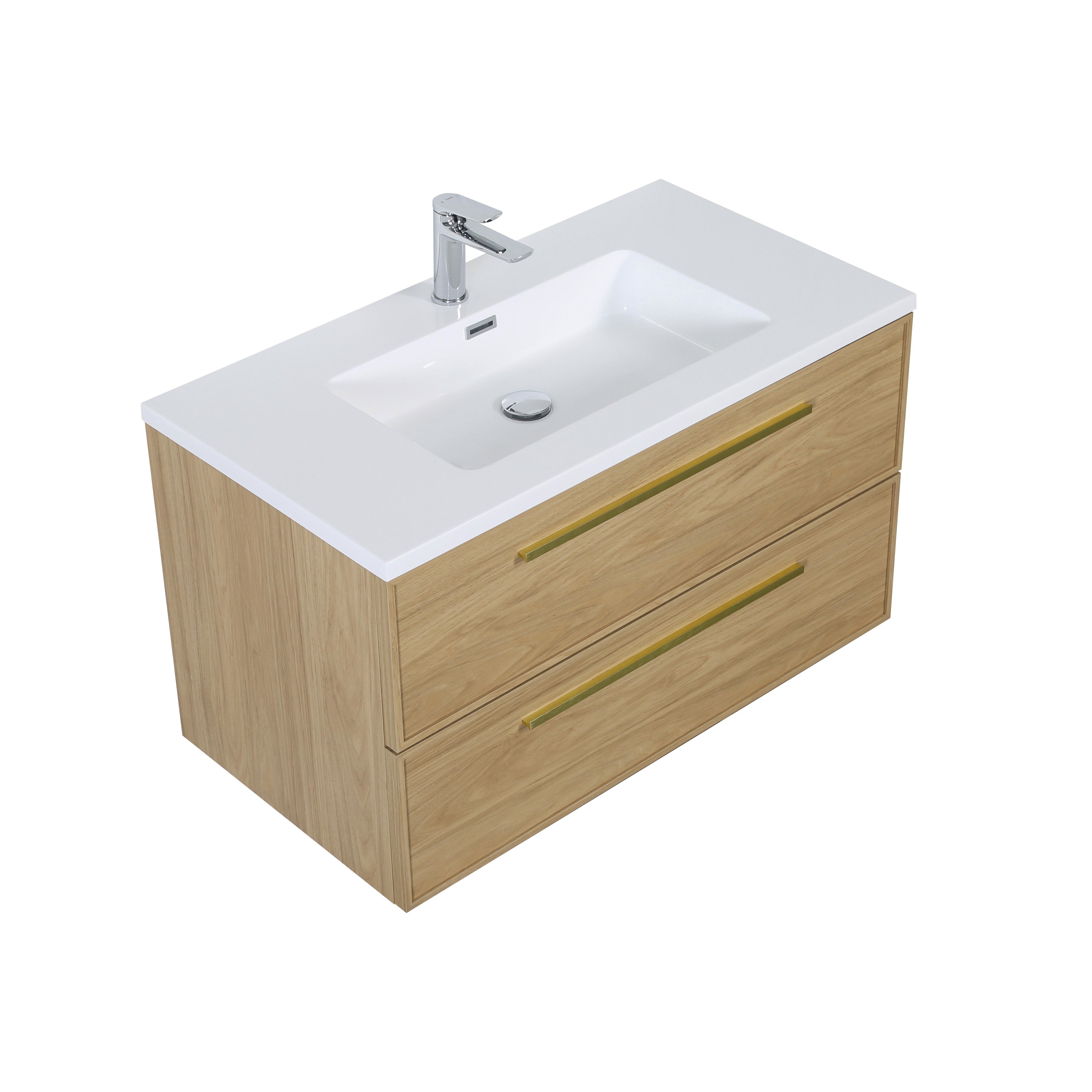 Meuble-lavabo suspendu Luxe Collection 36 po, fini noyer Sunset, avec comptoir en polymarbre blanc et poignées