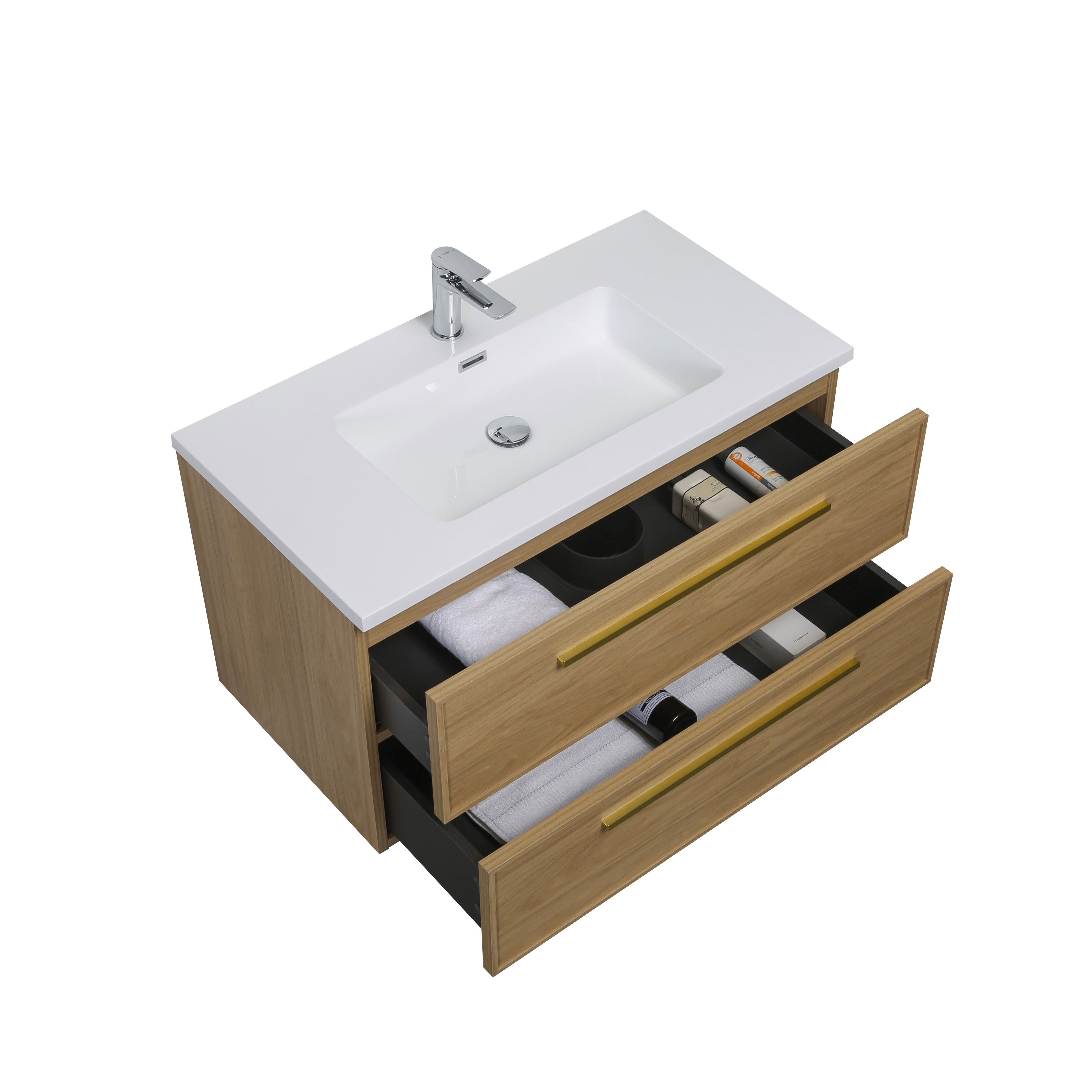 Meuble-lavabo suspendu Luxe Collection 36 po, fini noyer Sunset, avec comptoir en polymarbre blanc et poignées