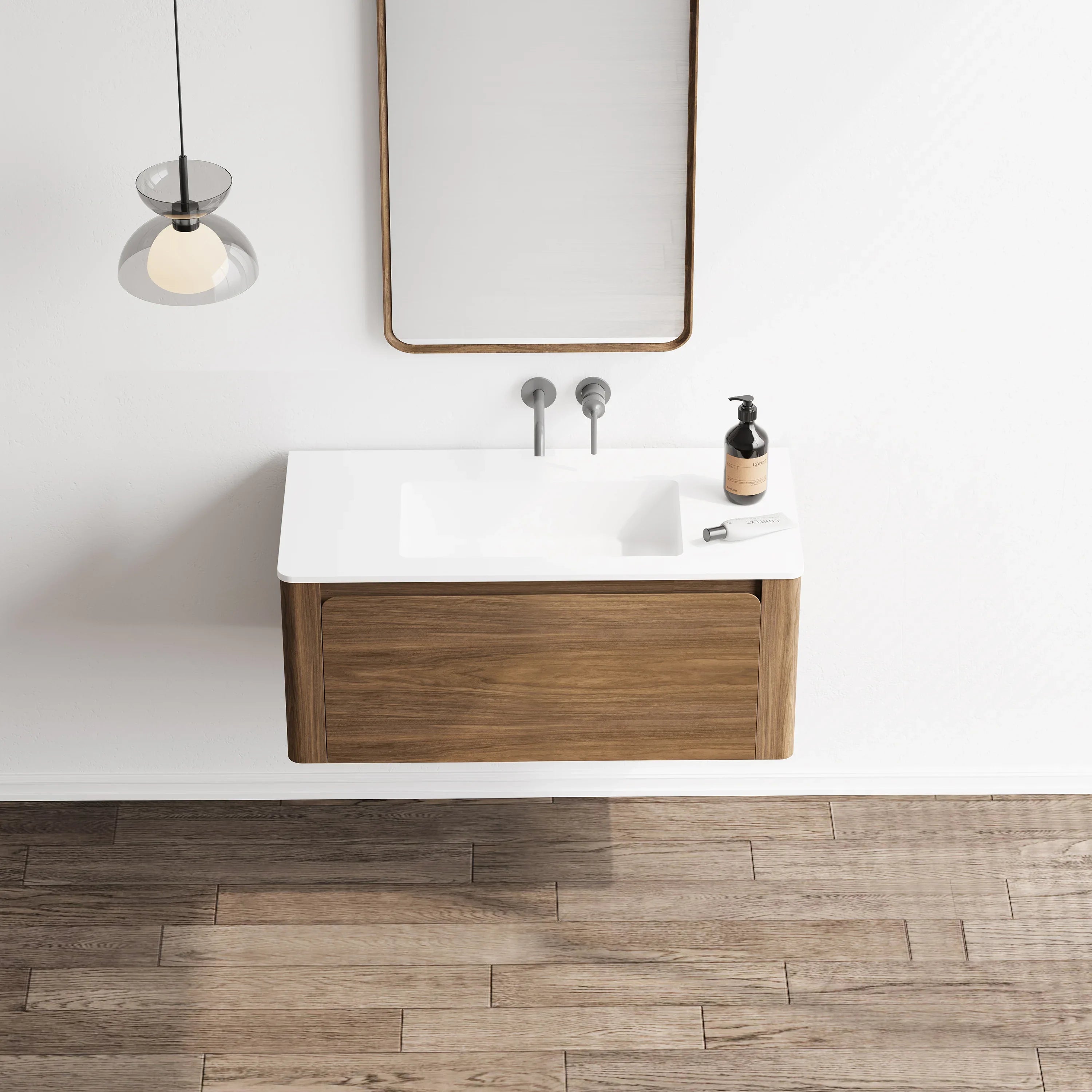 36" Walnut Wall Mount Bathroom Vanity with Matte White Solid Surface Countertop