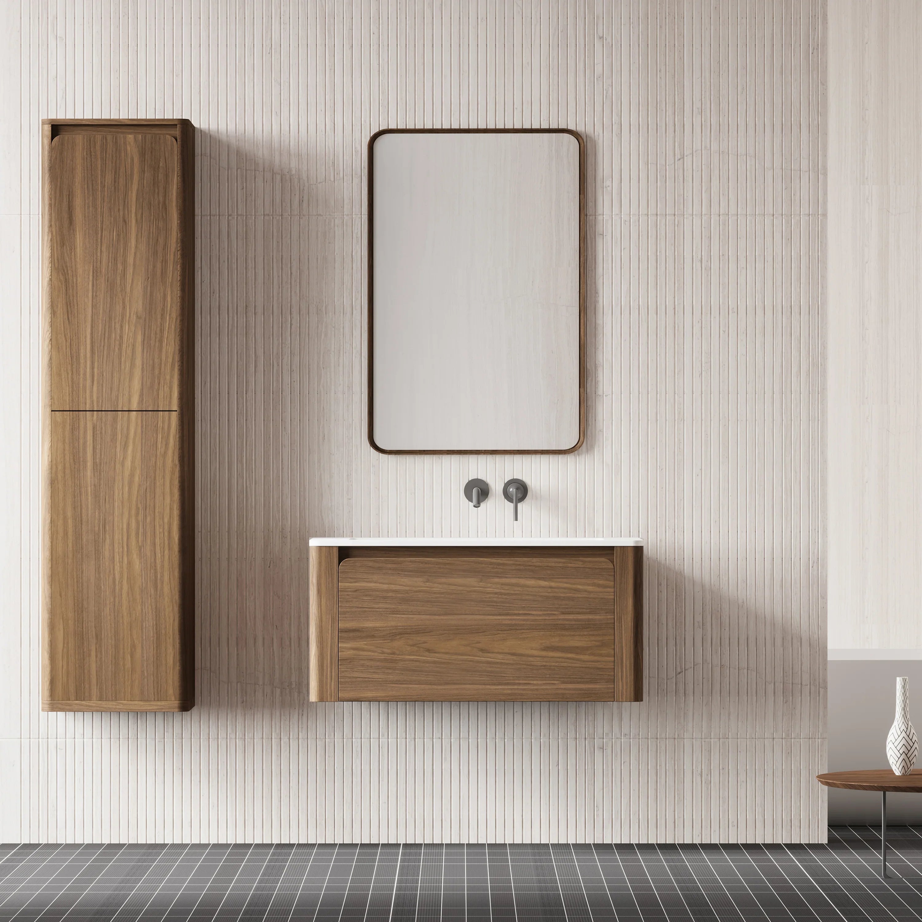 36" Walnut Wall Mount Bathroom Vanity with Matte White Solid Surface Countertop