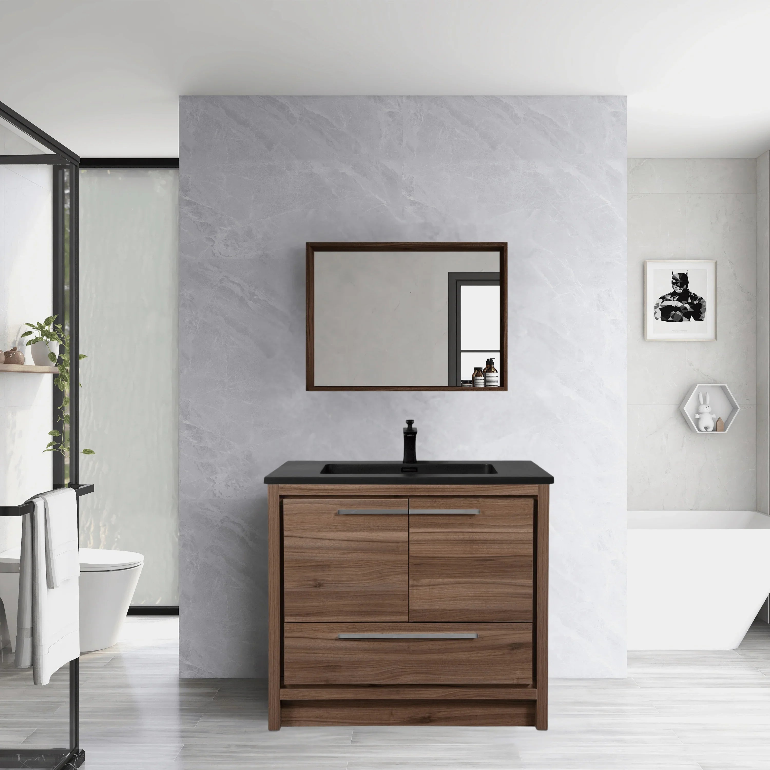 36" Walnut Freestanding Bathroom Vanity with Black Engineered Quartz Countertop