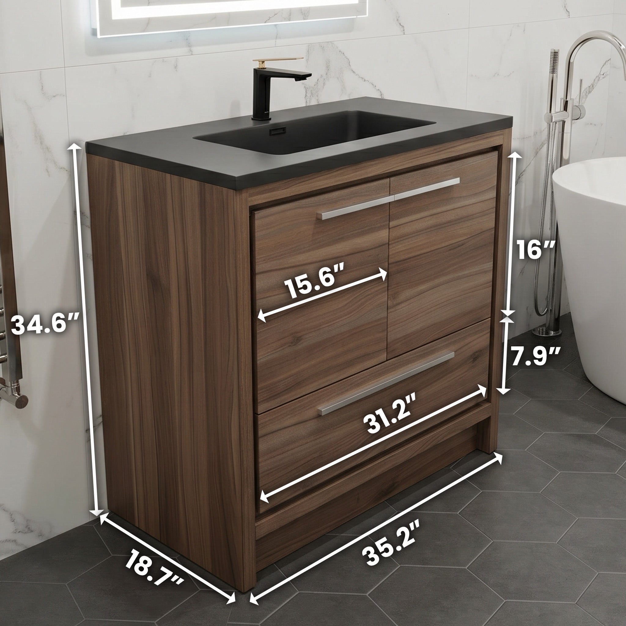 36" Walnut Freestanding Bathroom Vanity with Black Engineered Quartz Countertop