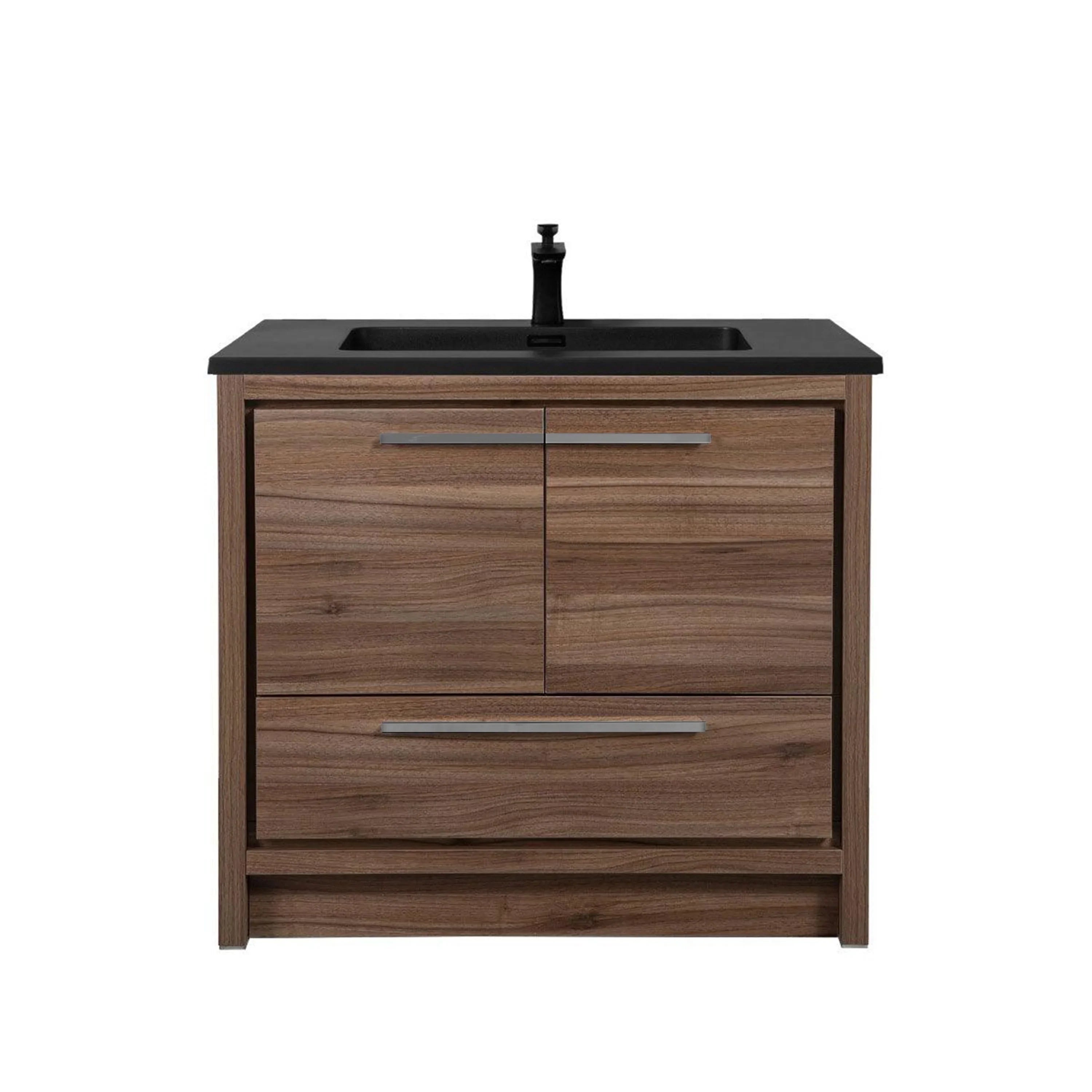 36" Walnut Freestanding Bathroom Vanity with Black Engineered Quartz Countertop