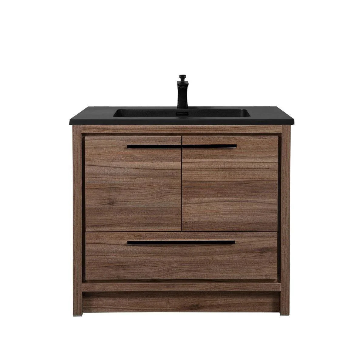 36" Walnut Freestanding Bathroom Vanity with Black Engineered Quartz Countertop