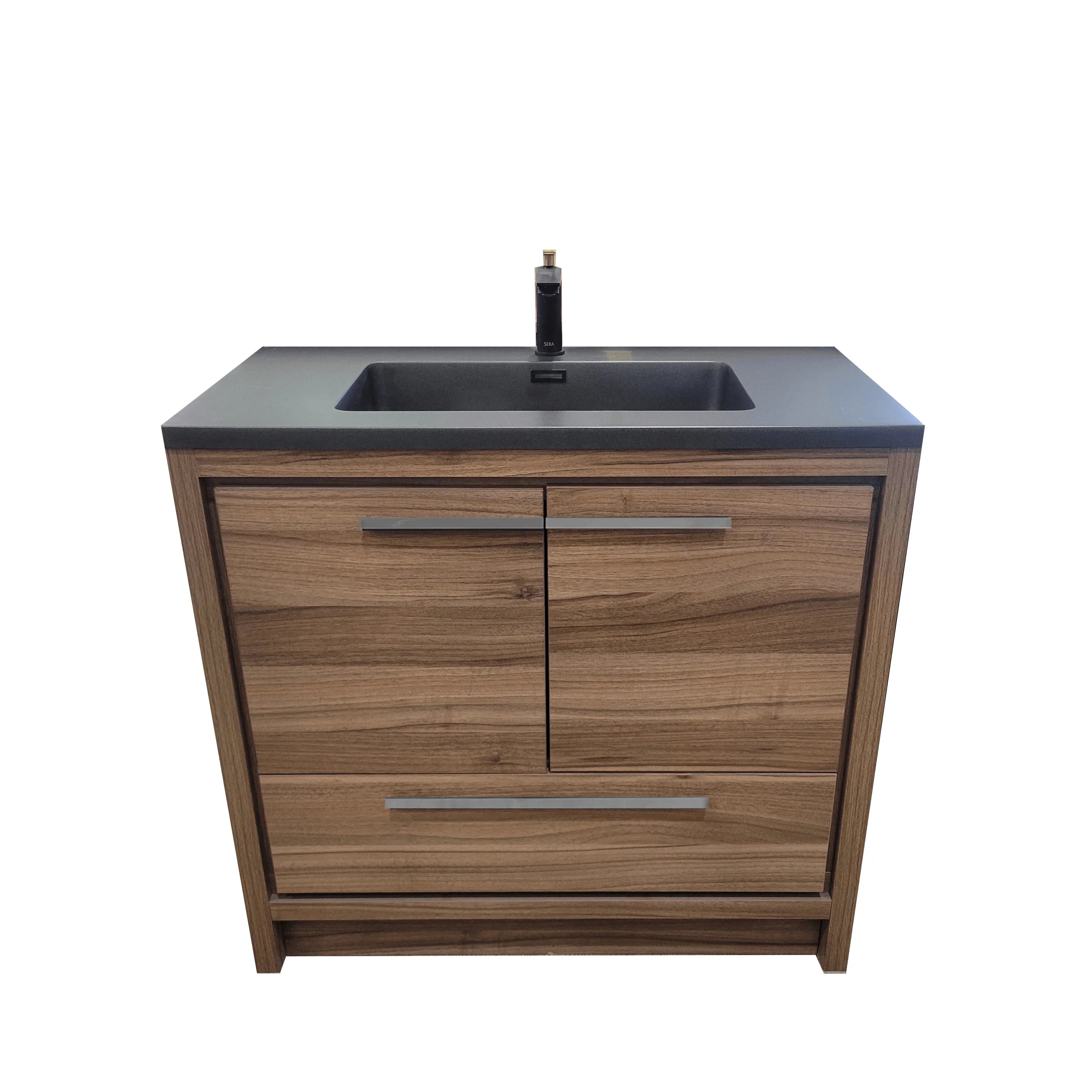 36" Walnut Freestanding Bathroom Vanity with Black Engineered Quartz Countertop