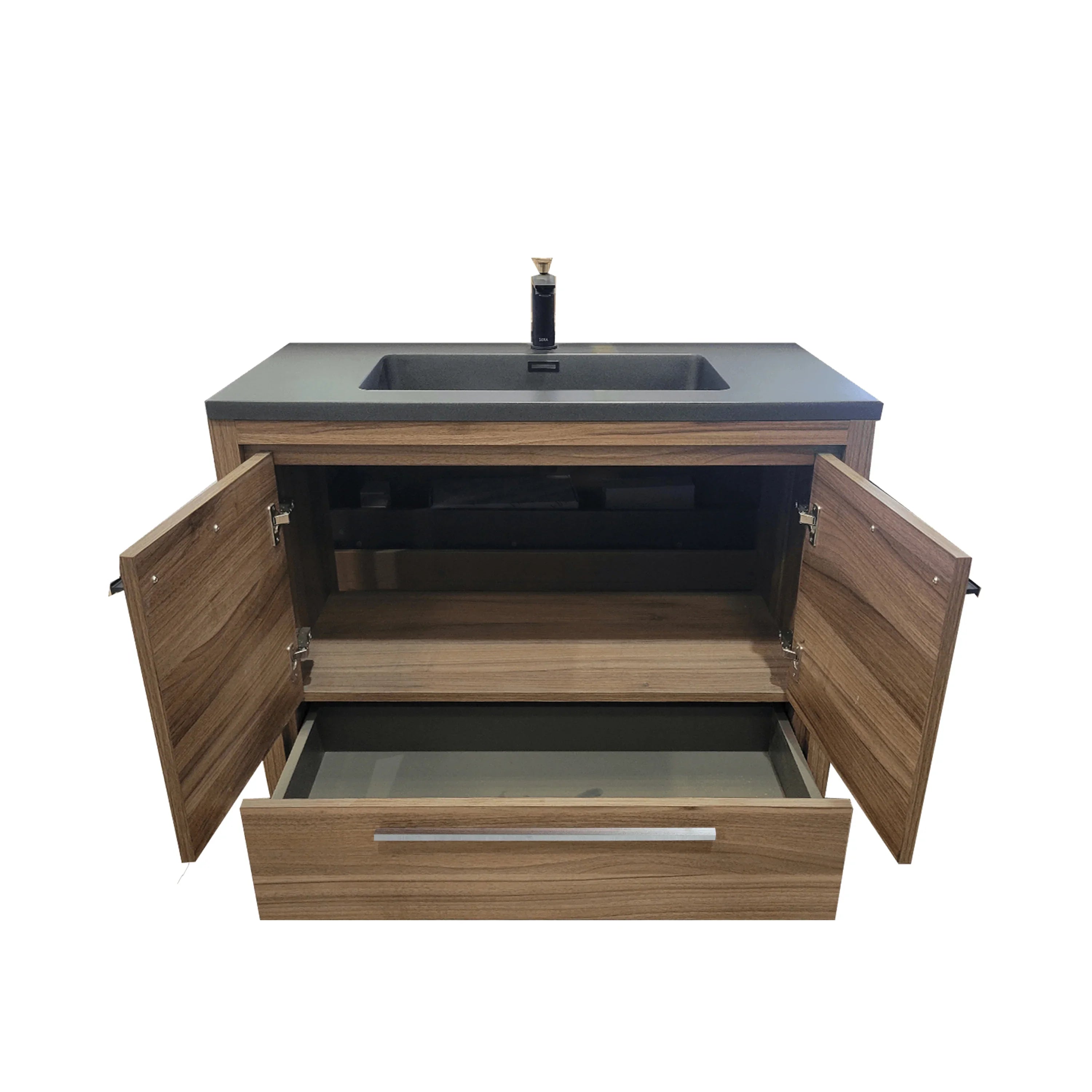 36" Walnut Freestanding Bathroom Vanity with Black Engineered Quartz Countertop