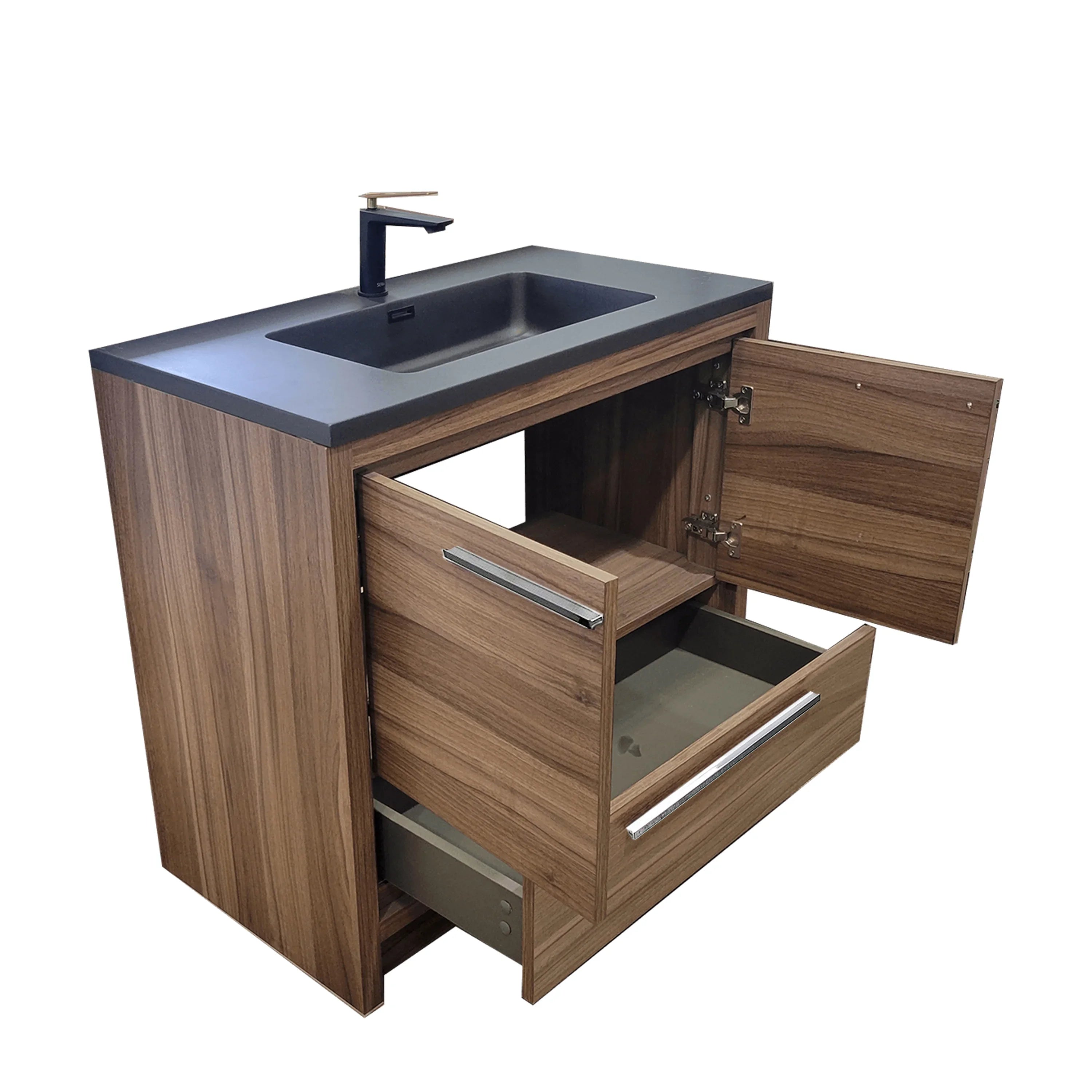 36" Walnut Freestanding Bathroom Vanity with Black Engineered Quartz Countertop