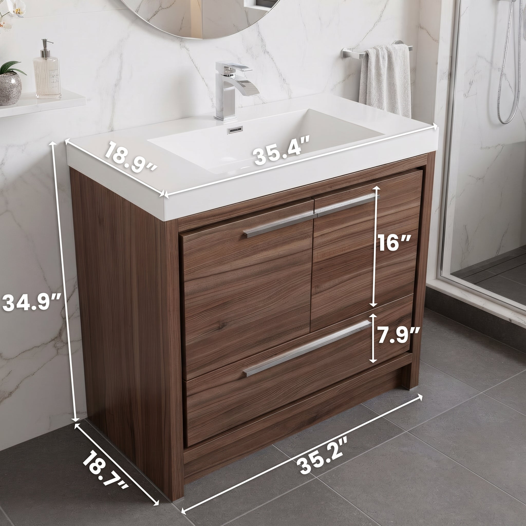 36" Walnut Freestanding Bathroom Vanity with White Polymarble Countertop