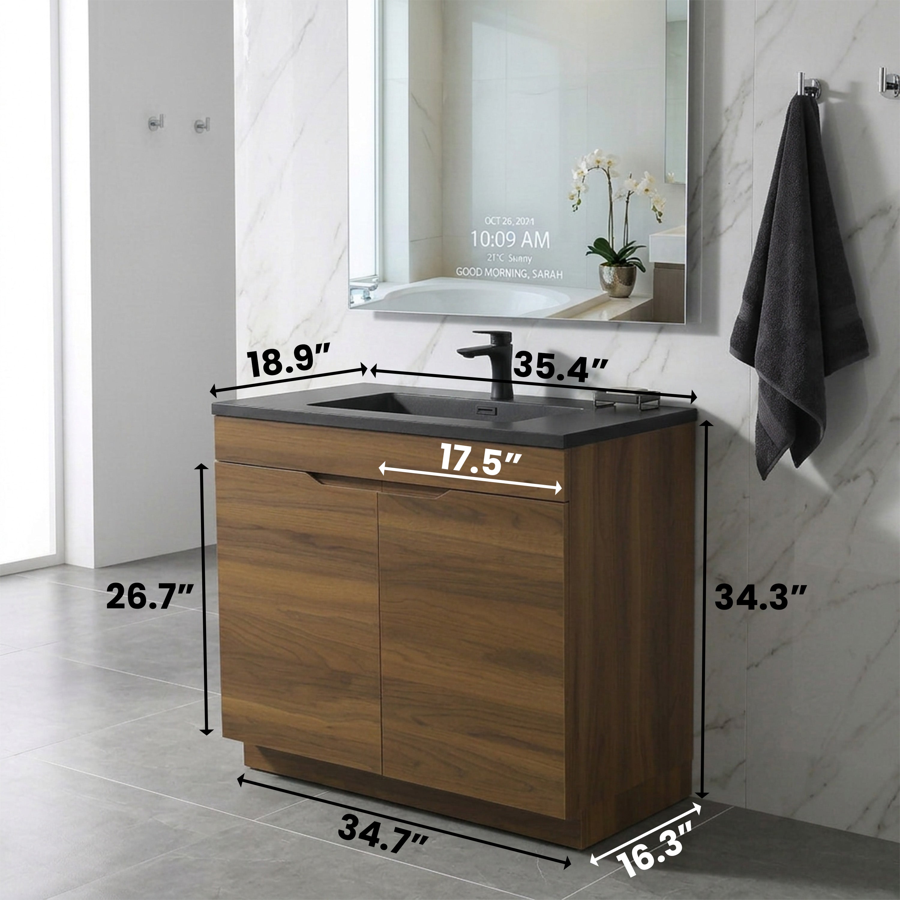 36" Walnut Freestanding Vanity with Black Engineered Quartz Countertop - Augusta Collection