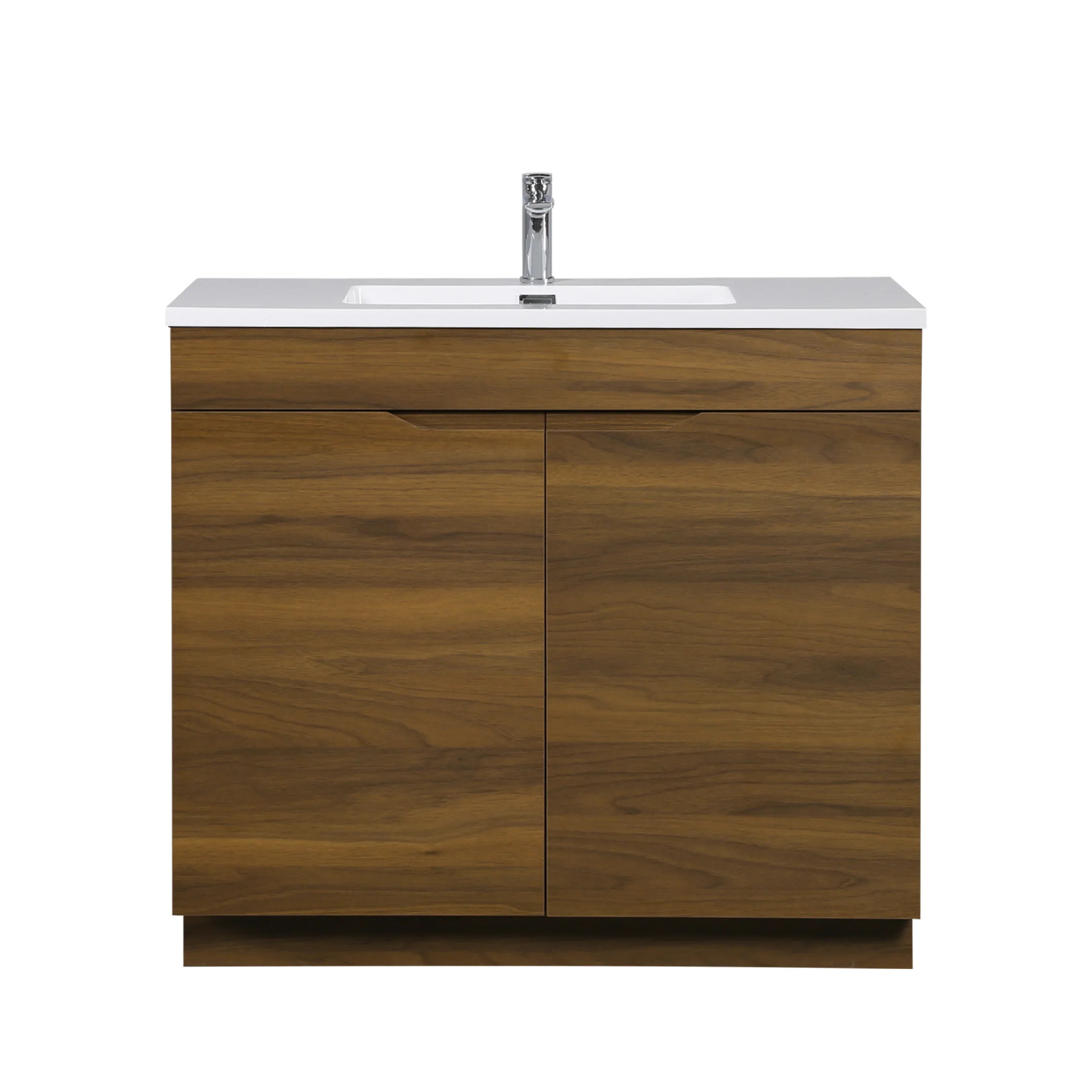 36 Inch Walnut Freestanding Bathroom Vanity with White Polymarble Top