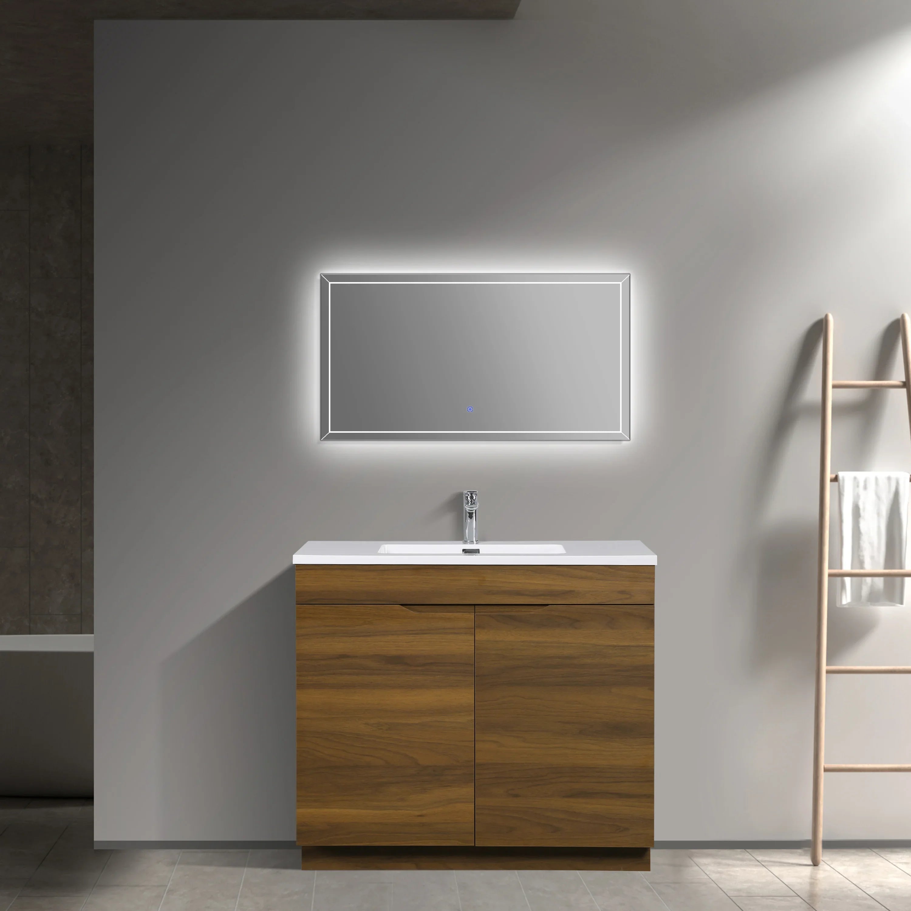 36 Inch Walnut Freestanding Bathroom Vanity with White Polymarble Top